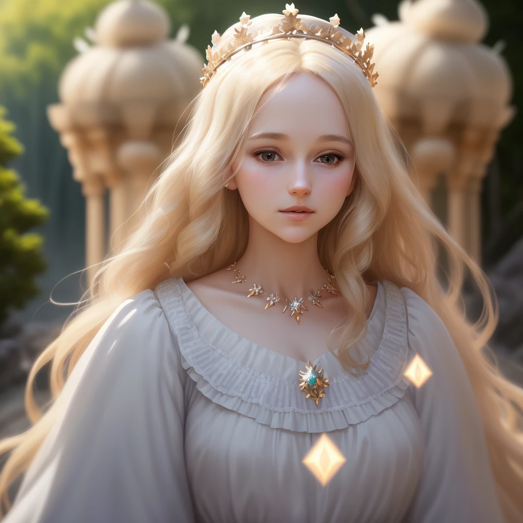 A person, 3/4 body, full head exposed, queen with blond hair, hair blown by the breeze, fluffy hair, wearing Greek white dress, wearing a simple crown on the head, delicate face, three-dimensional facial features, full frontal upper body photo , background castle forest cover ultra detailed painting glowing lighting intricate 4k resolution concept art portrait amazing vista minimal necklace