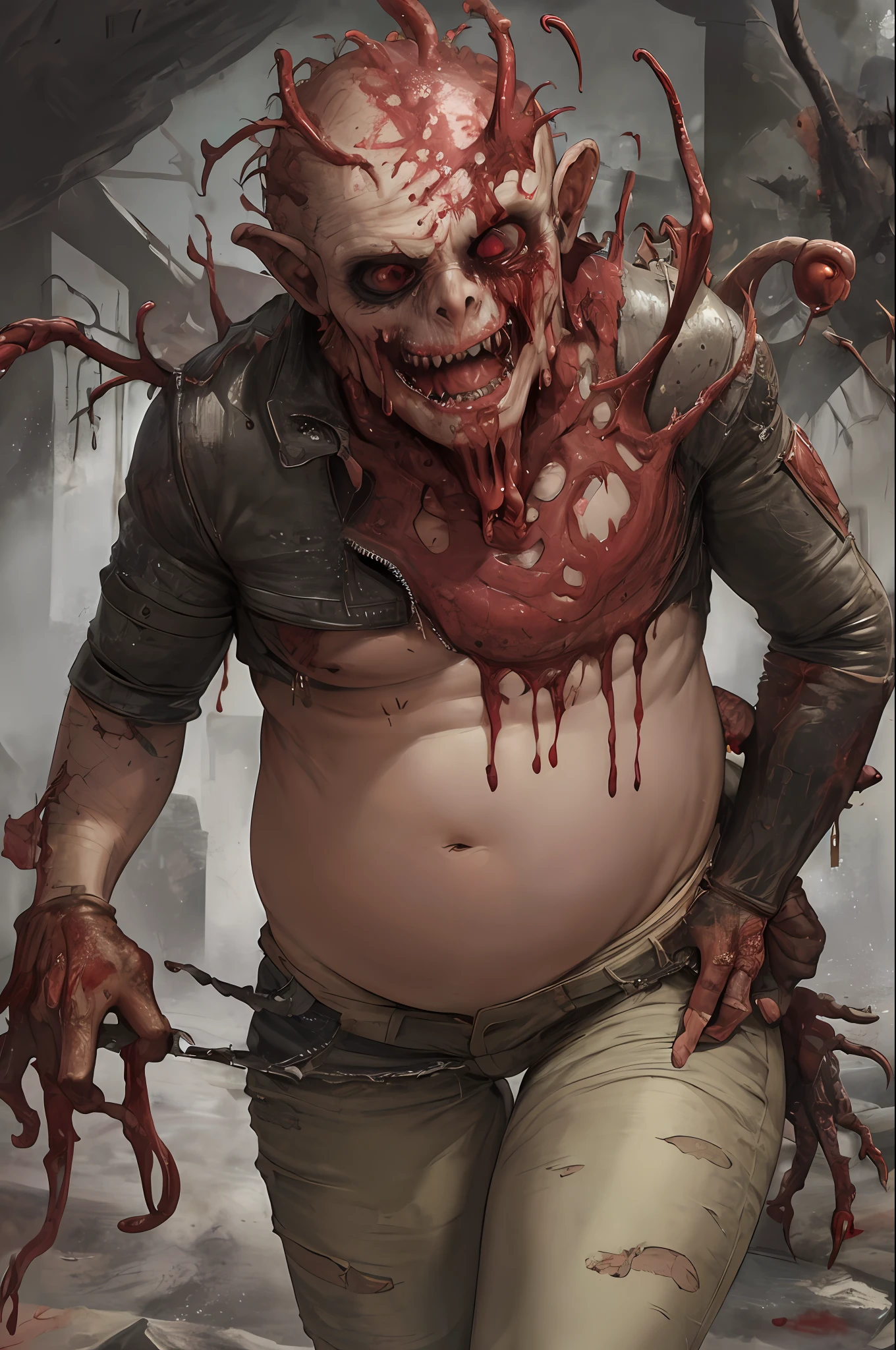 Half-rotten zombie naked, a pair of scary tentacles, fat body, , bloodshot eyeballs, protruding eyeballs, leather jacket, jeans, rotting scalp, torn skull display, huge belly, covered belly cut open , exposed internal organs, leather gloves, full body, cute, big head, grimace, exaggerated expression, complex, high detail, dramatic, animated lighting, depth of field, super detailed,(best quality, masterpiece1.2), blood, horror, (eldritch abomination), wasteland, landscape, grotesque, gore, guro, blood splatter, unique, experimental, original, colorful