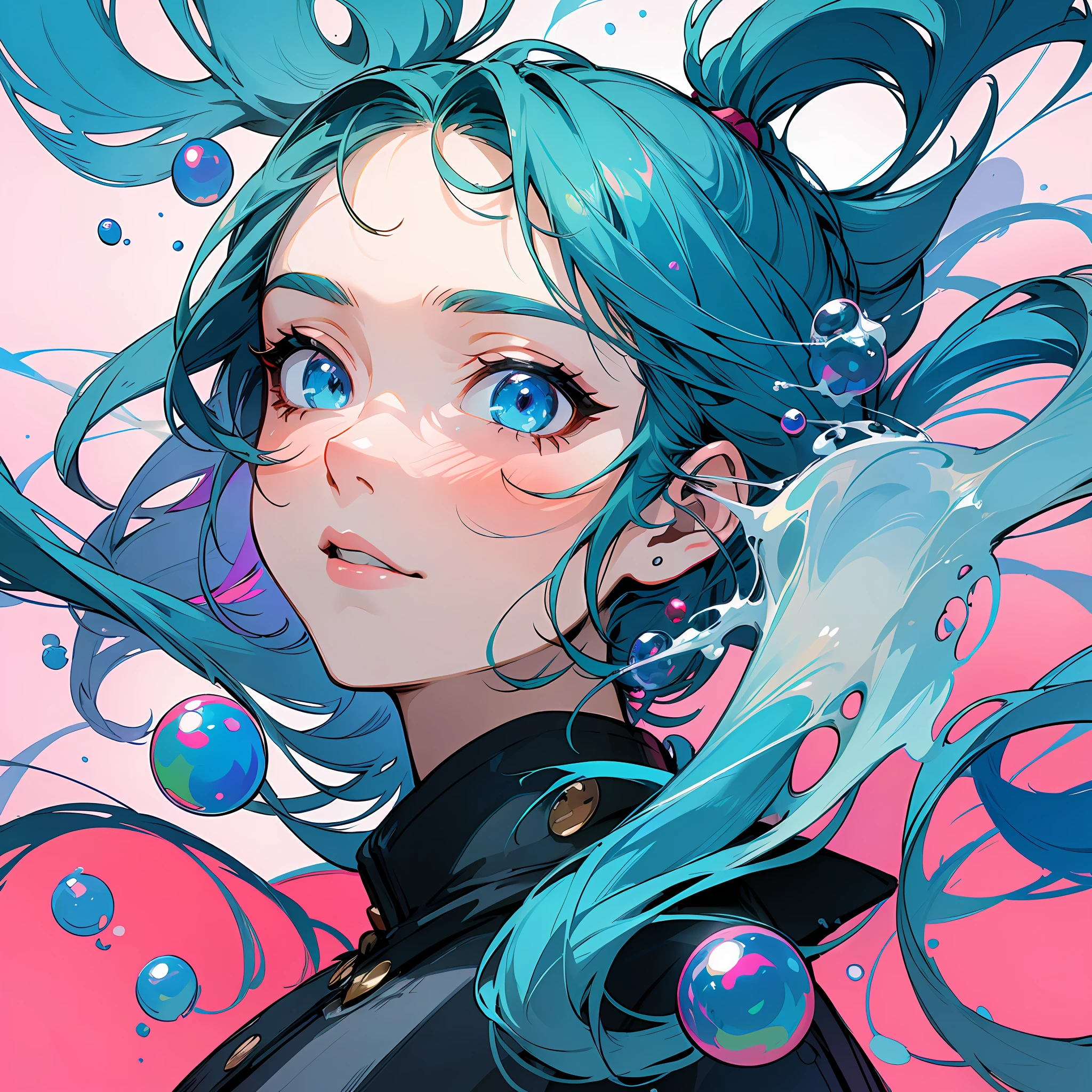 (Masterpiece), (Excellent), (Super Detail), (Messy Hair), (Illustration), (1 Girl) (Long Teal Hair 1.5) (Blue Eyes) (Double Ponytail 2.0), (Fashion Outfit), Standing, fashion model, looking at audience, (interview), (simple background), beautiful detailed eyes, delicate pretty face, floating, (high saturation), (colorful flash), colorful bubbles, (flare), focus on face --q 2 --v 6