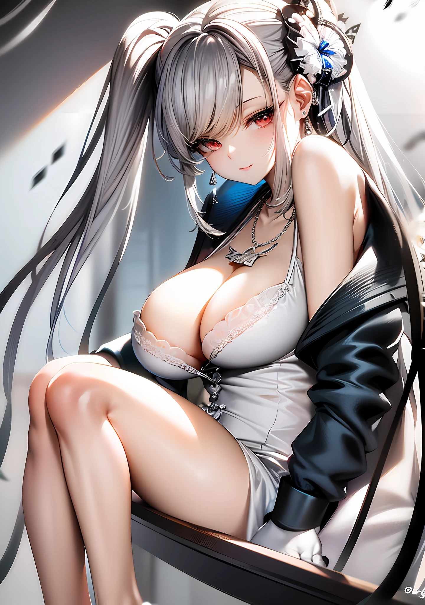 st. louis \(luxurious wheels\) \(azur lane\), 1girl, hair ornament, earrings, necklace, portrait, silver dress, revealing clothes, looking at viewer, solo