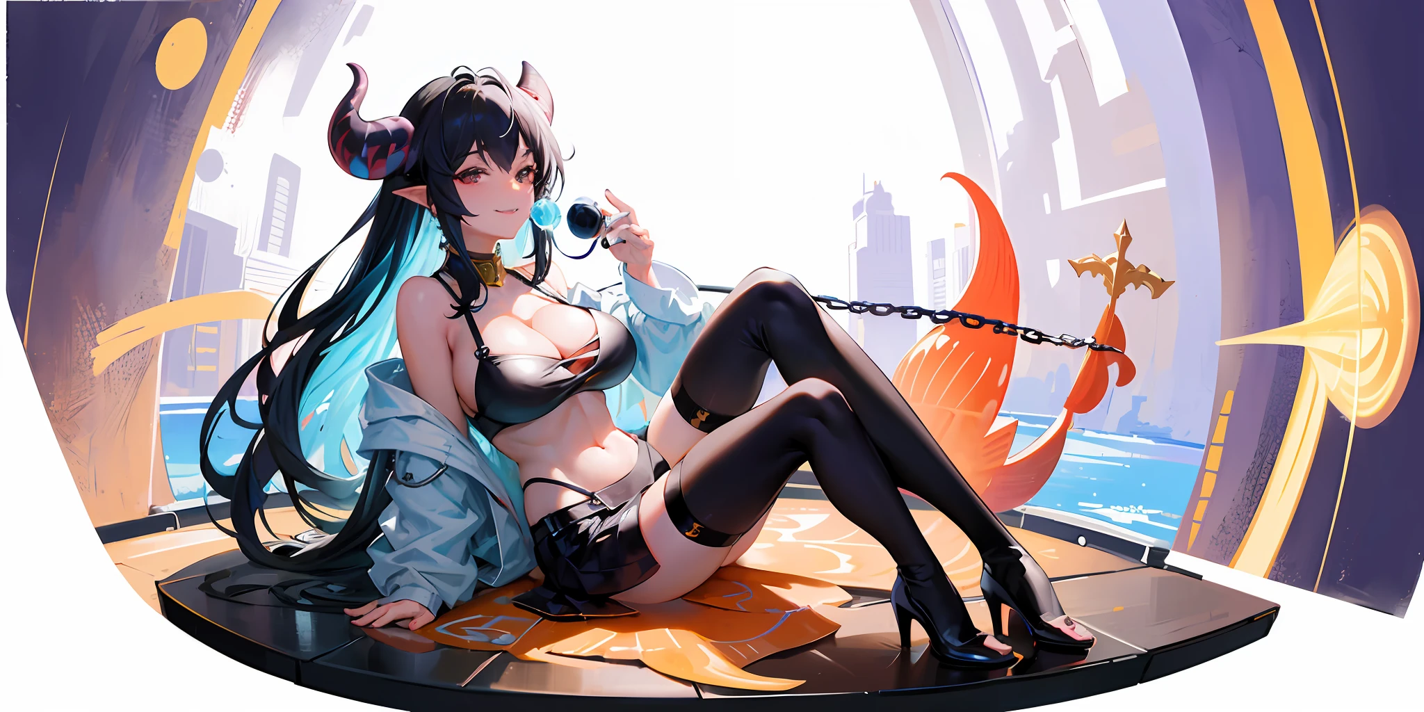 [(white background:1.5)::5], (imid shot:0.95), (full body:1.25), Dynamic angle, [Bottle bottom],(fisheye:1.4), (falt color:1.3),colorful,( Masterpiece:1,2), best quality, extremely detailed cg 8k wallpaper,best quality, masterpiece, highres, original, extremely detailed wallpaper, (solo:1.25), Detailed and baeutiful face, ,1girl, hand on own chest,chain_leash, Smiling, heart-shaped pupils, black hair, cowbell, long hair, horns, bare shoulders, (big breasts: 1.2), (porcelain: 1.5), cleavage, (sitting: 1.3),