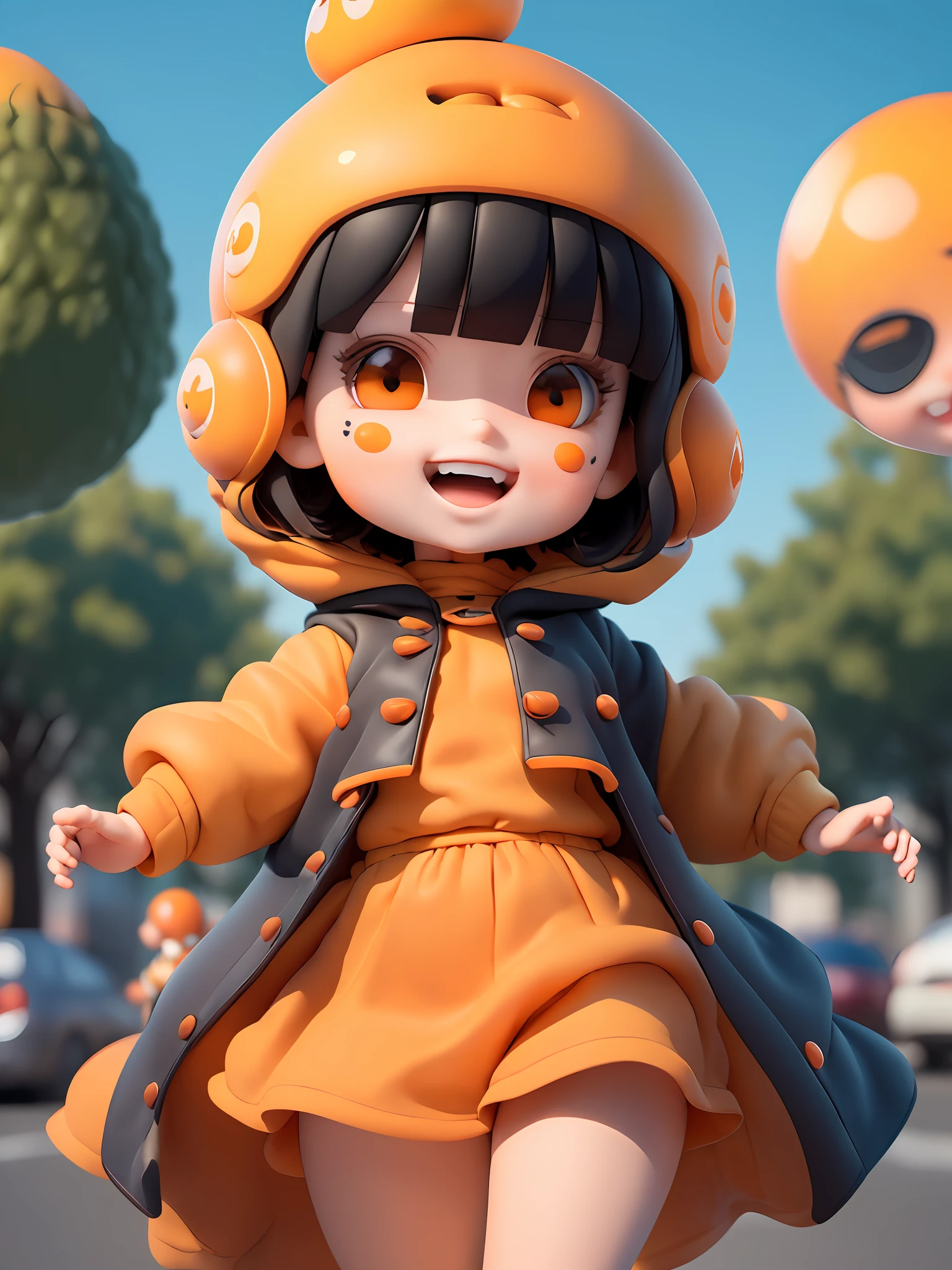 (Masterpiece), (Extreme), (Super detailed),(Body:1.9),1girl, sunshine, cute, orange, (big head:1.8), doll, smile, open mouth, city, fashion, coat, blush, tree, shirt, short hair, orange, orange headdress, blurred, long sleeves, bangs, black hair, (beautiful and detailed face), (beautiful and detailed eyes),