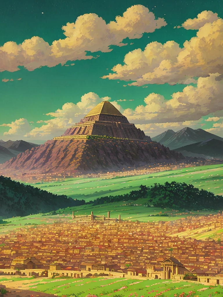 Create an artistic image that combines the beauty of cornfields, a majestic temple, and a mythical mega city. The image should have a unique art style, blending realism and fantasy. The cornfields should be depicted in vibrant colors, with golden corn/maize kernels adding a touch of magic to the scene. The temple should be grand and awe-inspiring, with elements of both Roman and Egyptian architecture. In the background, create a mythical mega city that stretches as far as the eye can see. The city should be filled with intricate details, blending gold and marble motifs. Employ the art styles of Makoto Shinkai, Gustave Dore, and Victo Ngai to create a visually stunning and captivating composition. Utilize ray tracing techniques to enhance the lighting and reflections. This image should be rendered using Unreal Engine, enabling you to achieve a high level of detail and realism. Consider using an 8K resolution to capture the intricate beauty of the cornfields, temple, and mythical city.