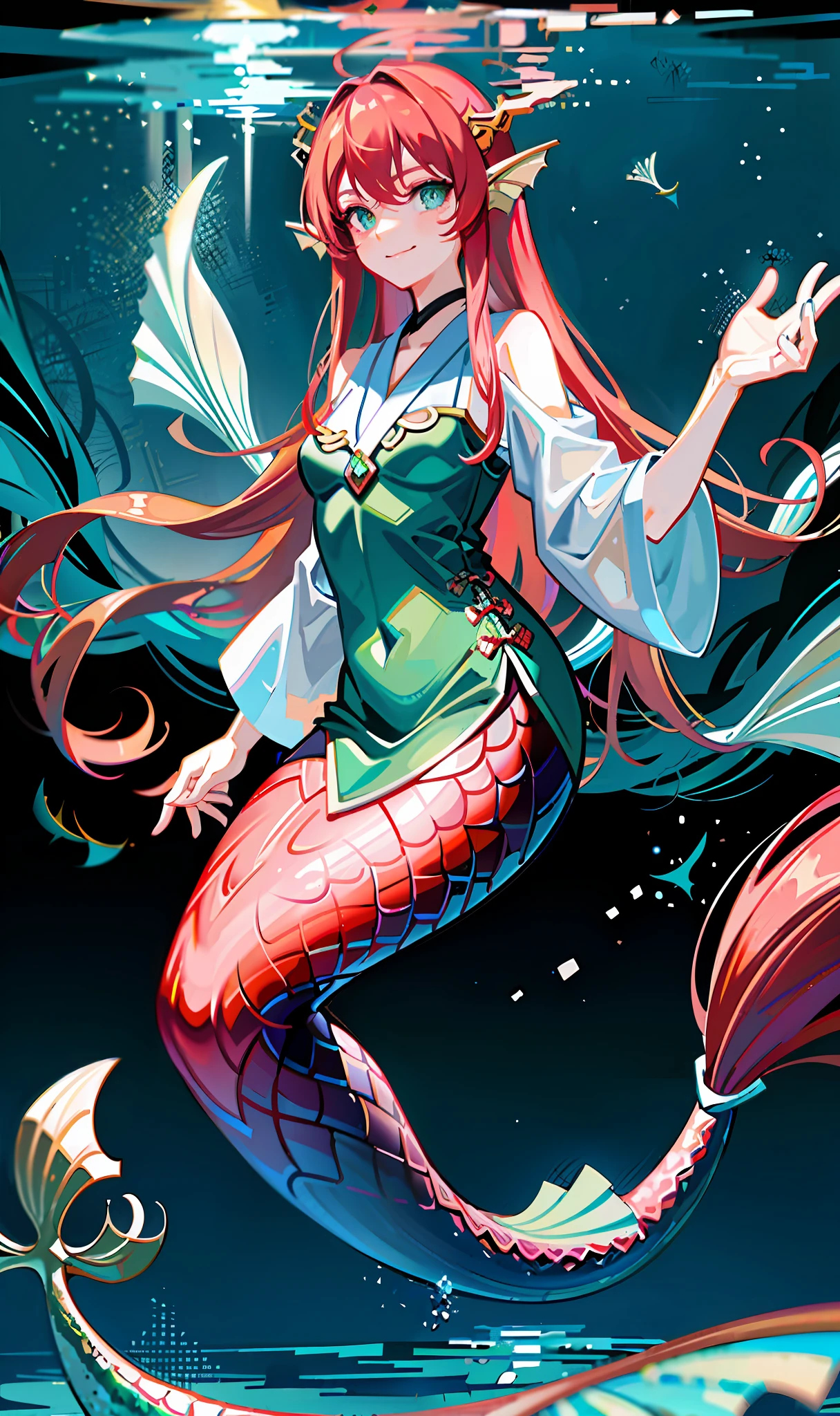 realistic, ultra high res, best quality, masterpiece, detailed background, 1 girl, Korean girl face, beautiful mermaid, solo, little mermaid, underwater, Beneath the sea, where tendrils of coral and vines abound, a (mermaid) girl stares at you from amidst a pile of stones. Her eyes gleam with an eerie light, shiny skin, karina, (long mermaid tails:1.5), (red hanfu:1.5),smiling, closed mouth,