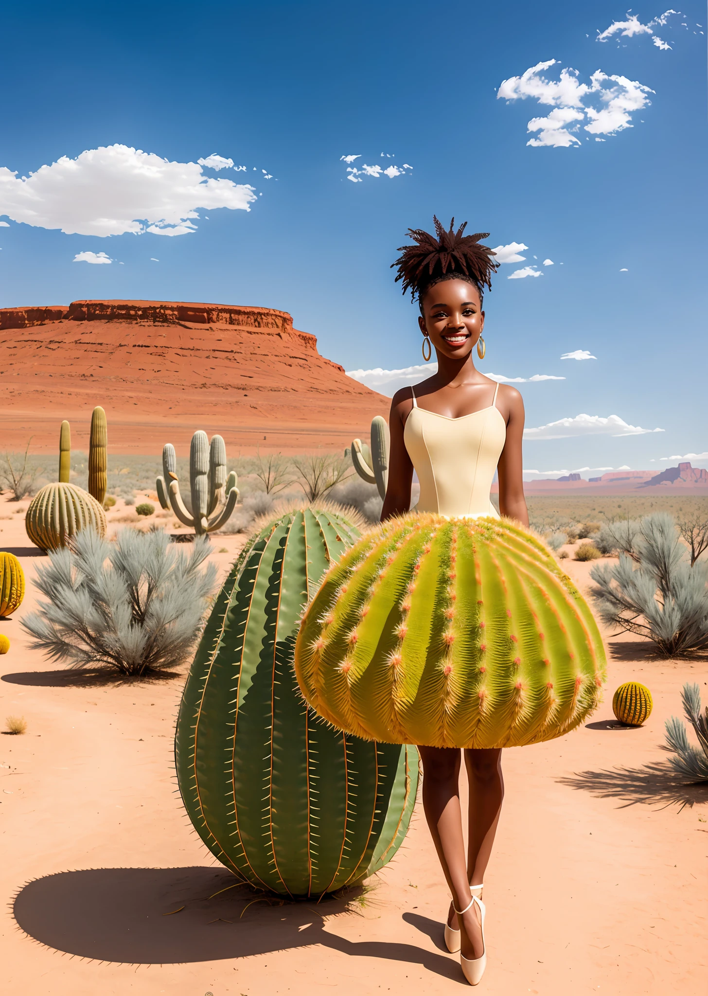 Fashion model photography, ballet dress made of big cactus, big cactus in various shapes and colors, strong sense of design, medium shot, African girl, short hair, hair accessories, delicate skin, smiling, wide desert in the background , high texture, natural light