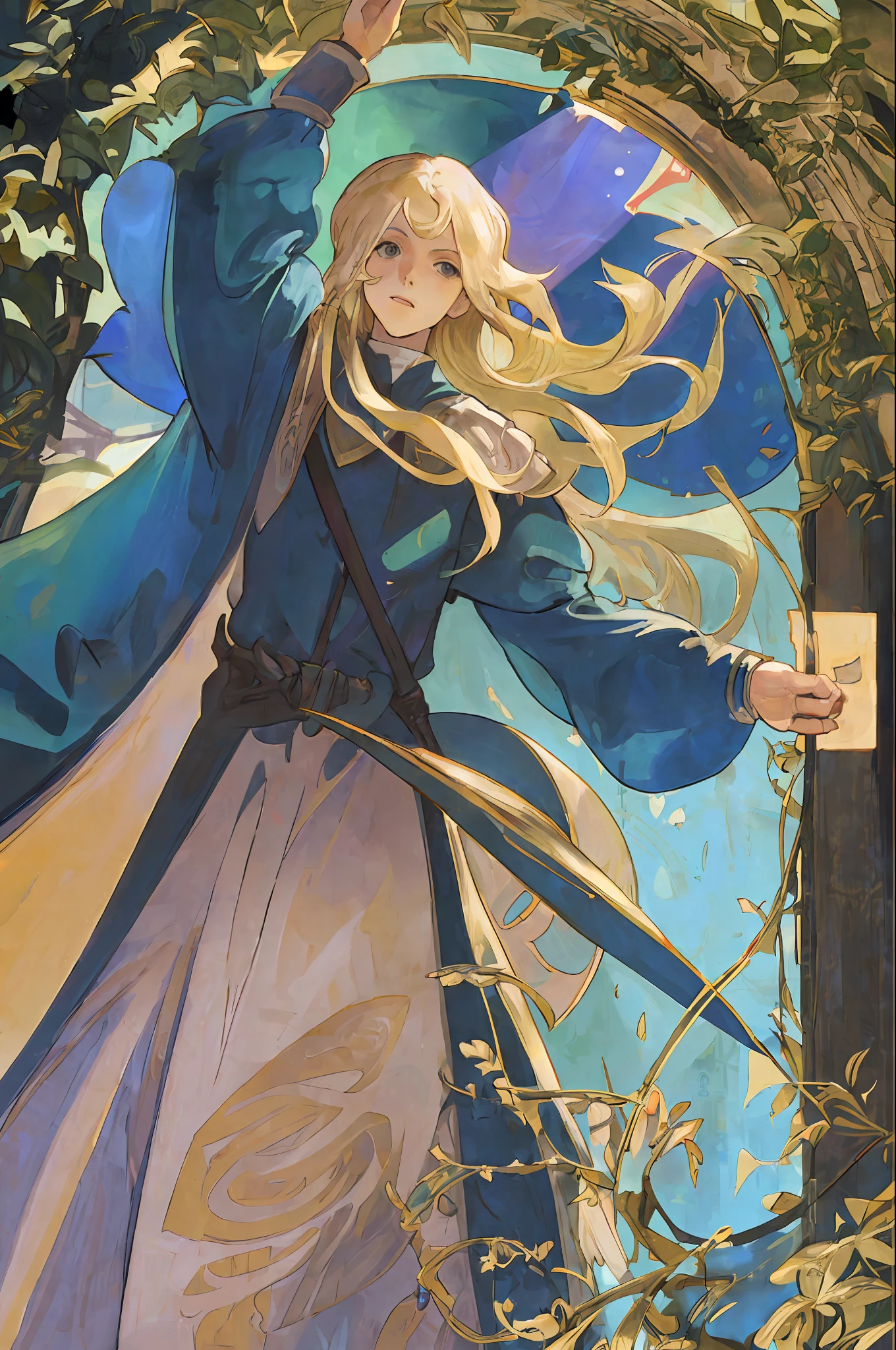 Mucha, boy with blond long hair, outdoors, backlight, middle ages, French street, holding a flag