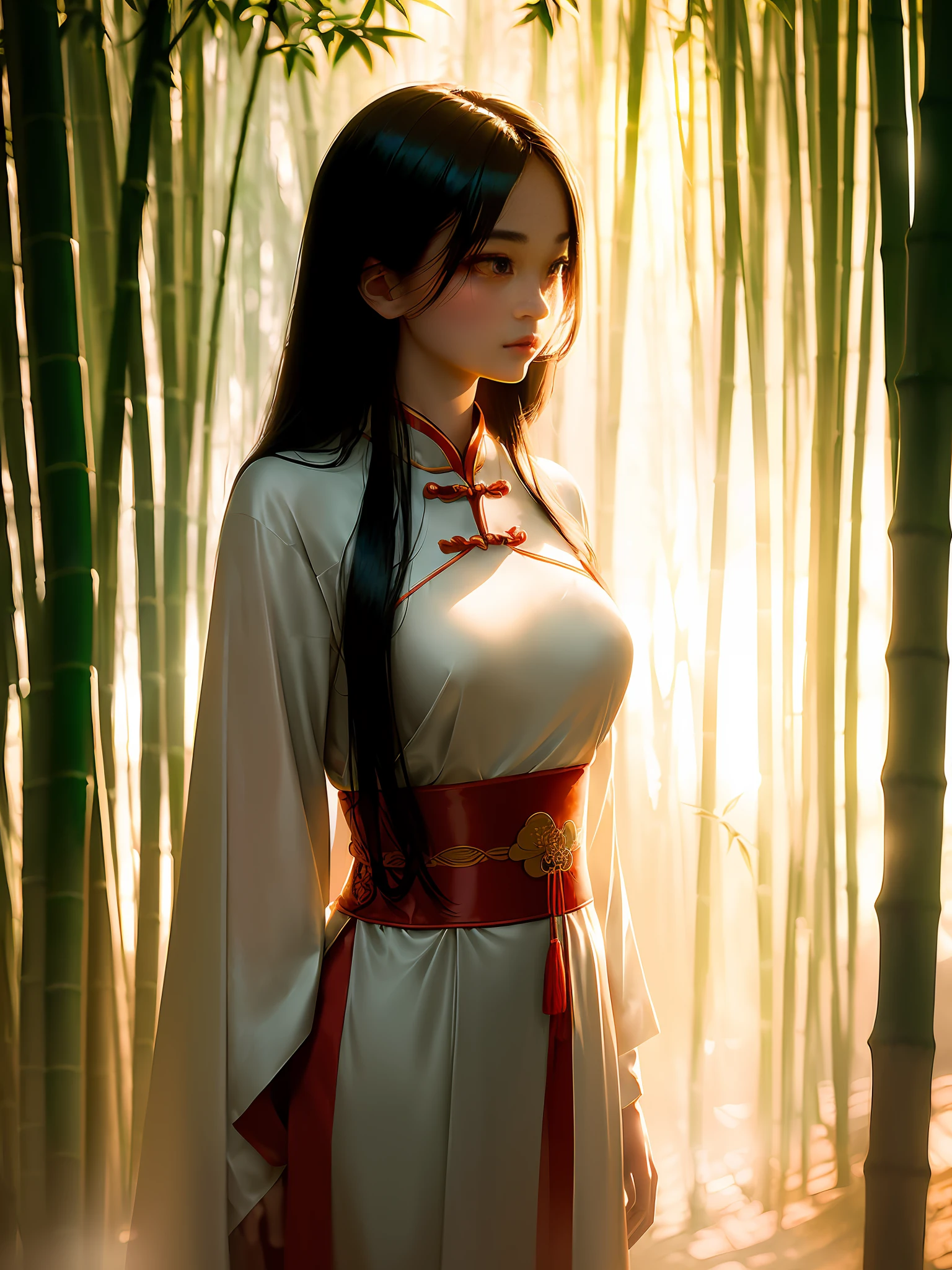 (morning light), (bamboo forest), (traditional Chinese costume:1.2), (young woman:1.2), (light and shadow portrayal:1.2), (refinement:1.1), (high quality:1.2), (feminine charm:1.1), (graceful posture:1.2), (delicate facial features:1.2), (flowing hair:1.2), (natural beauty:1.2), (soft color palette), (ethereal atmosphere), (dramatic lighting:1.2), (subtle expression), (peaceful mood), (tranquil setting)