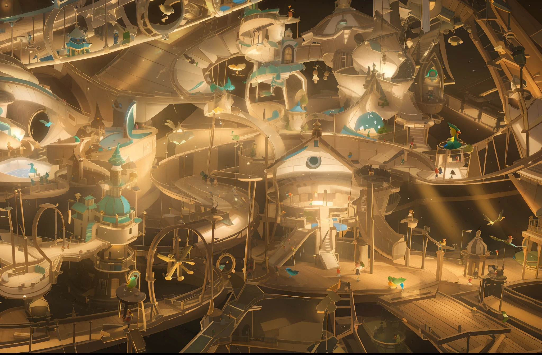 3D architectural rendering, vast, open barn transformed into an indoor playground, bustling with activity. Children and adults, charming wooden cabins, one of which is equipped with an adjacent rotating ((cylindrical slide)). A wooden suspension bridge, realistically rendered with detailed textures and shadows, leads to another cabin in the top right of the image, where a delightfully animated 3D model of a is seen running across. On the left, a (water park) shimmers under the virtual lighting, its pool crowned by a whimsically designed fountain. The fountain, meticulously modelled in 3D, features a stack of bird sculptures - a large bird at the base, a parrot in the middle, and a toucan at the top, each spouting water from their beaks. In the foreground, 3D models of adults sit at small wooden tables, engaged in a meal, their position and interaction adding depth and perspective to the scene.