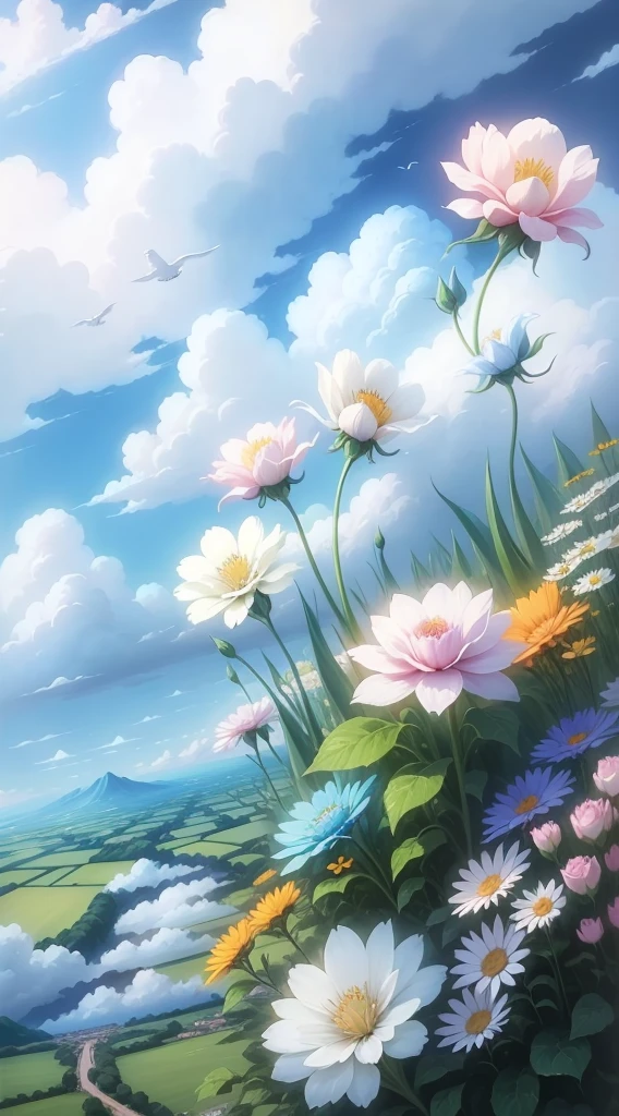 Flower field painting of birds flying in the sky, detail painting 4k, drawn in anime artist studio, in white cloud wonderland, drawn by Yang J, anime beautiful peaceful scene, high quality digital painting, beautiful floating clouds. Anime, beautiful anime scenes, Rose Tran. Landscape background, beautiful digital painting, white cloud fairyland--v6