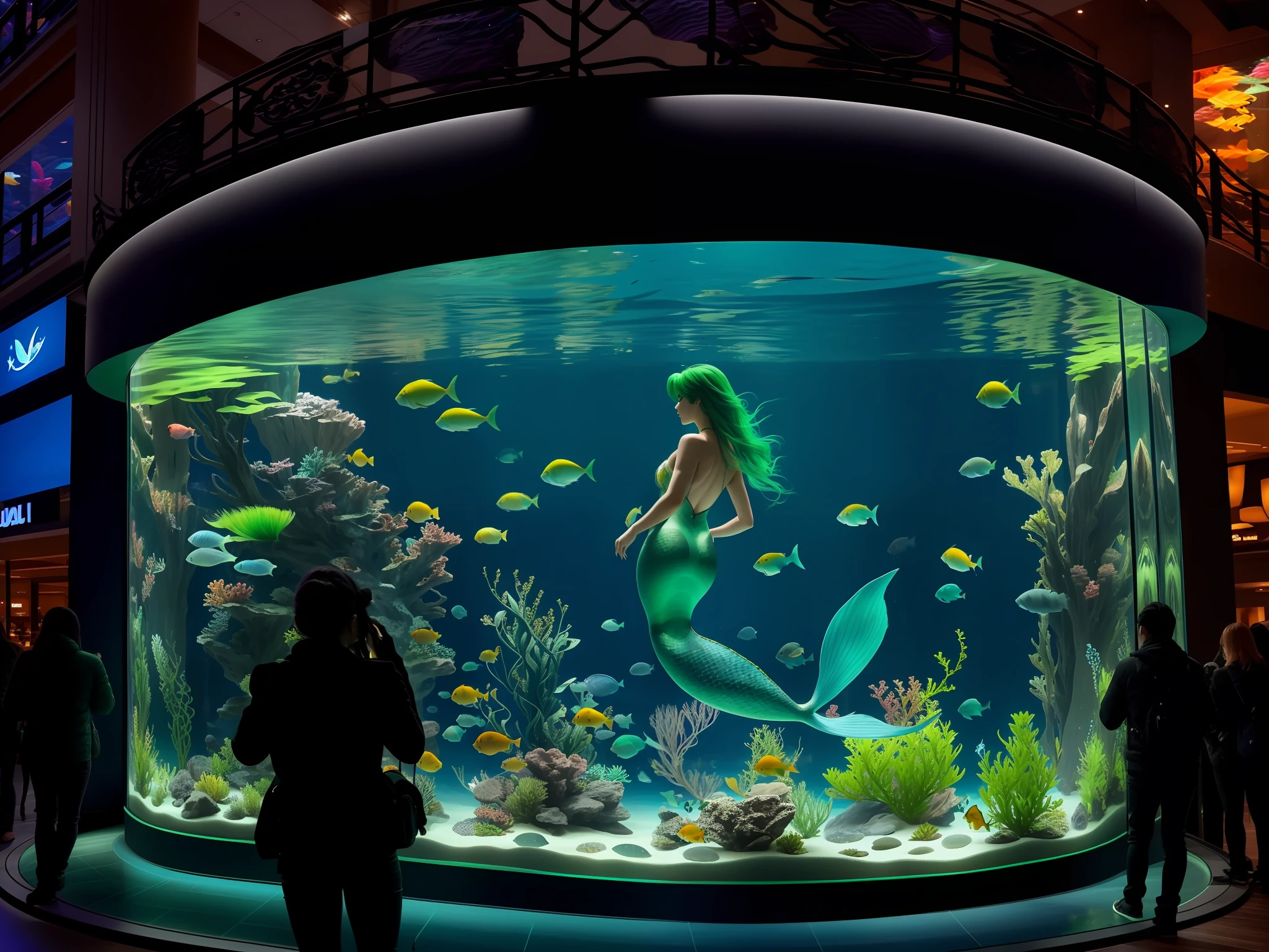 A mermaid in a huge aquarium, (super detailed, high resolution, best quality), (green hair), dynamic pose, back view, hair covering her face): 1.5, can&#39;t see her face at all: 1.5, mysterious And attractive, dominated by dark green and blue