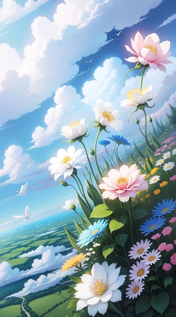 Flower field painting of birds flying in the sky, detail painting 4k, drawn in anime artist studio, in white cloud wonderland, drawn by Yang J, anime beautiful peaceful scene, high quality digital painting, beautiful floating clouds. Anime, beautiful anime scenes, Rose Tran. Landscape background, beautiful digital painting, white cloud fairyland--v6