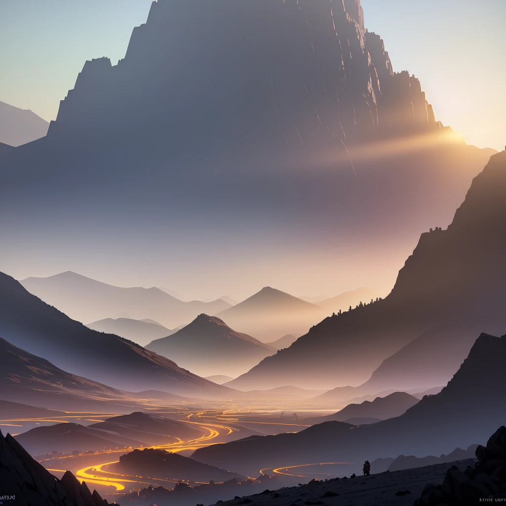 Spectacular view of mountains from a giant's point of view, colorful, 8K, ultra realistic, highly detailed, octane rendering, unreal engine, symmetry, crazy lighting, studio photo, amazing view, unreal 5, isometric, digital art, smog, pollution, toxic waste, chimneys and railroads, 3d rendering, octane rendering, volumetrics, by greg rutkowski