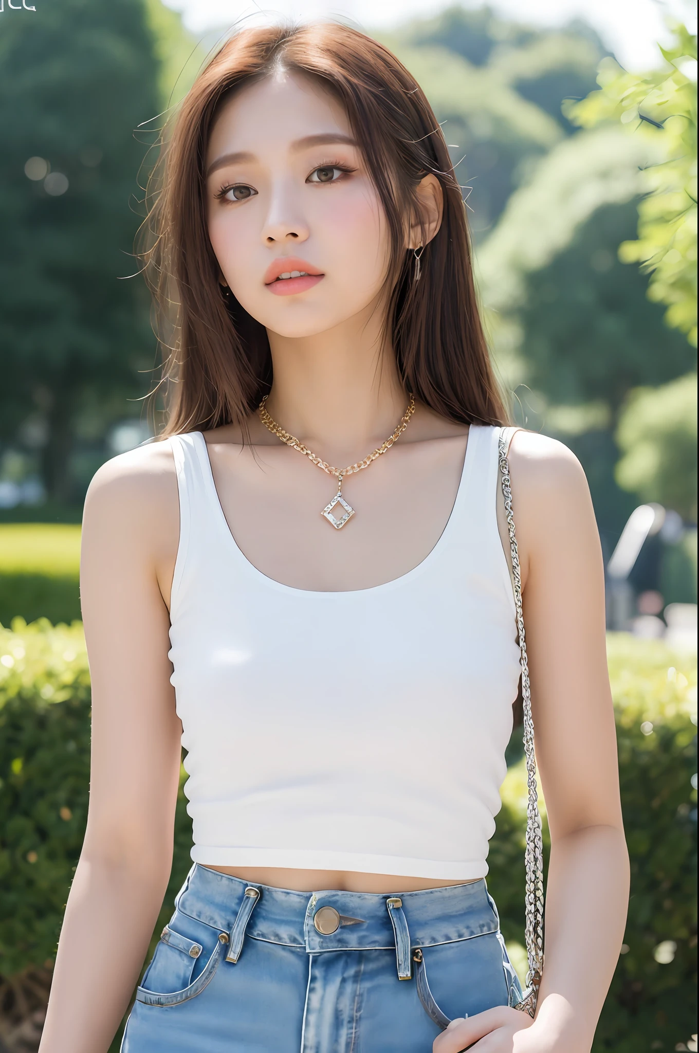 20 years old female, RAW photo, (((bokeh))), (realism: 1.4, realistic), highly detailed CG unity 8K wallpaper, 1 girl, ((looking at viewer: 1.25)), ((from front Look straight, carry a diamond chain bag)) , (HQ skin:1.8), 8k uhd, dslr, soft light, high quality, film grain, Fujifilm XT3, ((white tank top)) jeans, (((at park ))) , lalisamanoban ((eye makeup:1.2 )) ((body:1.2))
