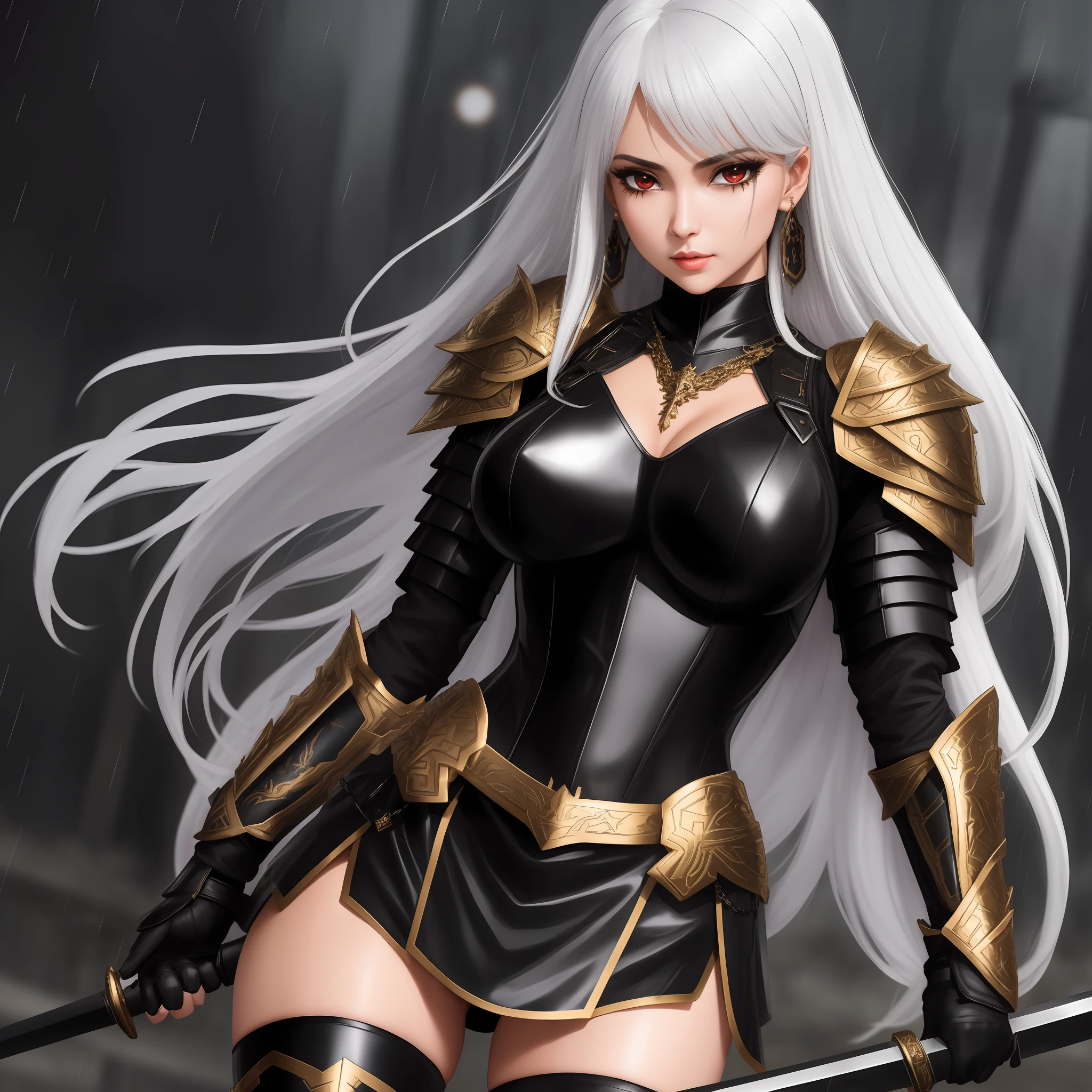 Close-up of woman with long hair and black armor, charming beautiful face, very beautiful girl, brown hair and big eyes, gorgeous eyelashes, black lace necklace on long neck, red eyes, stunning latina face, beautiful young girl, cute Beautiful and gorgeous face, long hair and sharp eyes, delicate beautiful face, gold decoration on black armor, dragon pattern on armor, black armor crosses gold and black lumps, waist looks narrow, big breasts, upper chest Cool-looking armor design, mini skirt, stockings that stick to the body, reflective stockings, stockings that see through the flesh, backlight penetrates behind the hair, 1girl, weapon, sword, jewelry, earrings, black_hair, chest, solo, gloves, holding_weapon, holding_sword , medium_breasts Crying, tears, white hair, delicate hairstyle, girl wet in the rain, standing on the street, big breasts, open breasts, long eyelashes, lip gloss, transparent white shirt, necklace, earrings, top grade, transparent black mini skirt, high resolution Speed, 8K quality