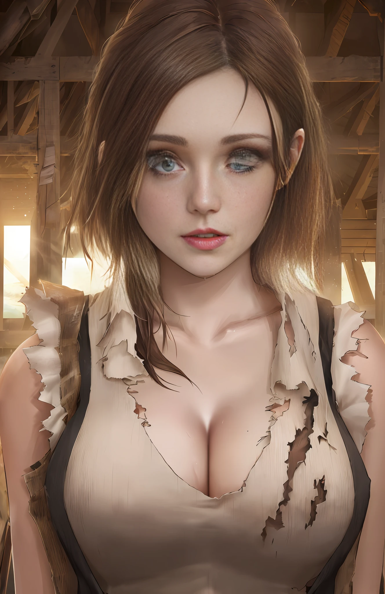 Hyper realistic photo ((perfect woman wearing sexy worn out ripped cotton vest in messy barn)), ((detailed realistic face and eyes)), cinematic lighting, 8k resolution, (model shot style), sunset, (from: 1.4 below), soft little cover (torn cotton vest), natural breasts