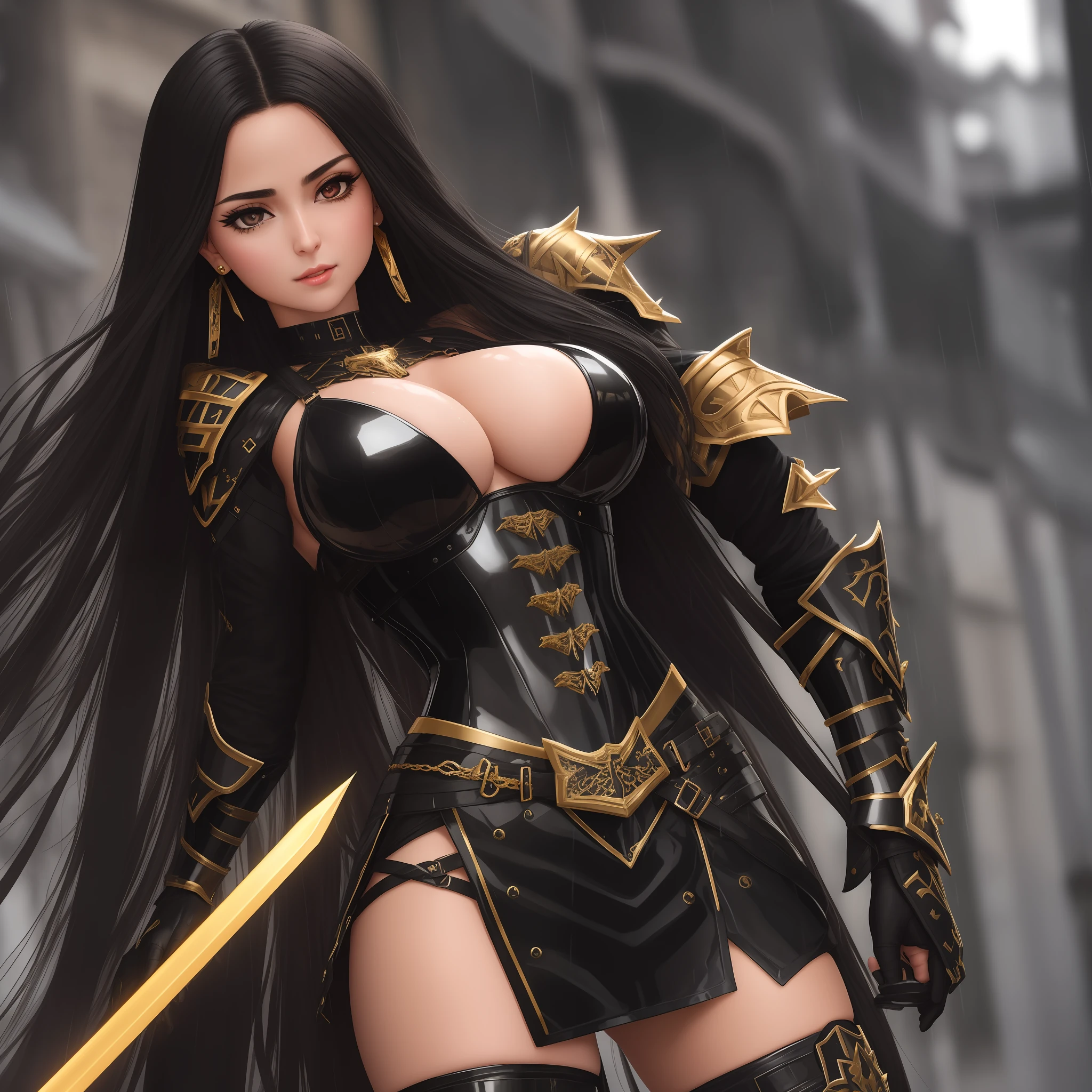 Close-up of woman with long hair and black armor, charming beautiful face, very beautiful girl, brown hair and big eyes, gorgeous eyelashes, black lace necklace on long neck, red eyes, stunning latina face, beautiful young girl, cute Beautiful and gorgeous face, long hair and sharp eyes, delicate beautiful face, gold decoration on black armor, dragon pattern on armor, black armor crosses gold and black lumps, waist looks narrow, big breasts, upper chest Cool-looking armor design, mini skirt, stockings that stick to the body, reflective stockings, stockings that see through the flesh, backlight penetrates behind the hair, 1girl, weapon, sword, jewelry, earrings, black_hair, chest, solo, gloves, holding_weapon, holding_sword , medium_breasts Crying, tears, white hair, delicate hairstyle, girl wet in the rain, standing on the street, big breasts, open breasts, long eyelashes, lip gloss, transparent white shirt, necklace, earrings, top grade, transparent black mini skirt, high resolution Speed, 8K quality