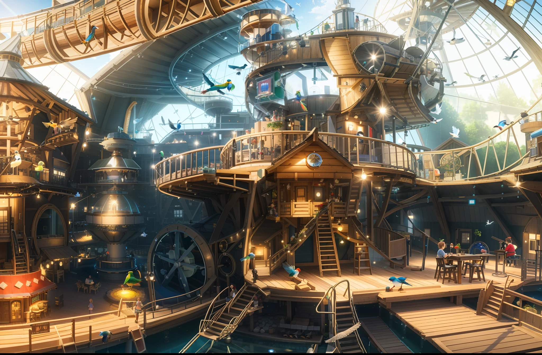 3D architectural rendering, vast, open barn transformed into an indoor playground, bustling with activity. Children and adults, charming wooden cabins, one of which is equipped with an adjacent rotating ((cylindrical slide)). A wooden suspension bridge, realistically rendered with detailed textures and shadows, leads to another cabin in the top right of the image, where a delightfully animated 3D model of a little girl is seen running across. On the left, a (water park) shimmers under the virtual lighting, its pool crowned by a whimsically designed fountain. The fountain, meticulously modelled in 3D, features a stack of bird sculptures - a large bird at the base, a parrot in the middle, and a toucan at the top, each spouting water from their beaks. In the foreground, 3D models of adults sit at small wooden tables, engaged in a meal, their position and interaction adding depth and perspective to the scene.