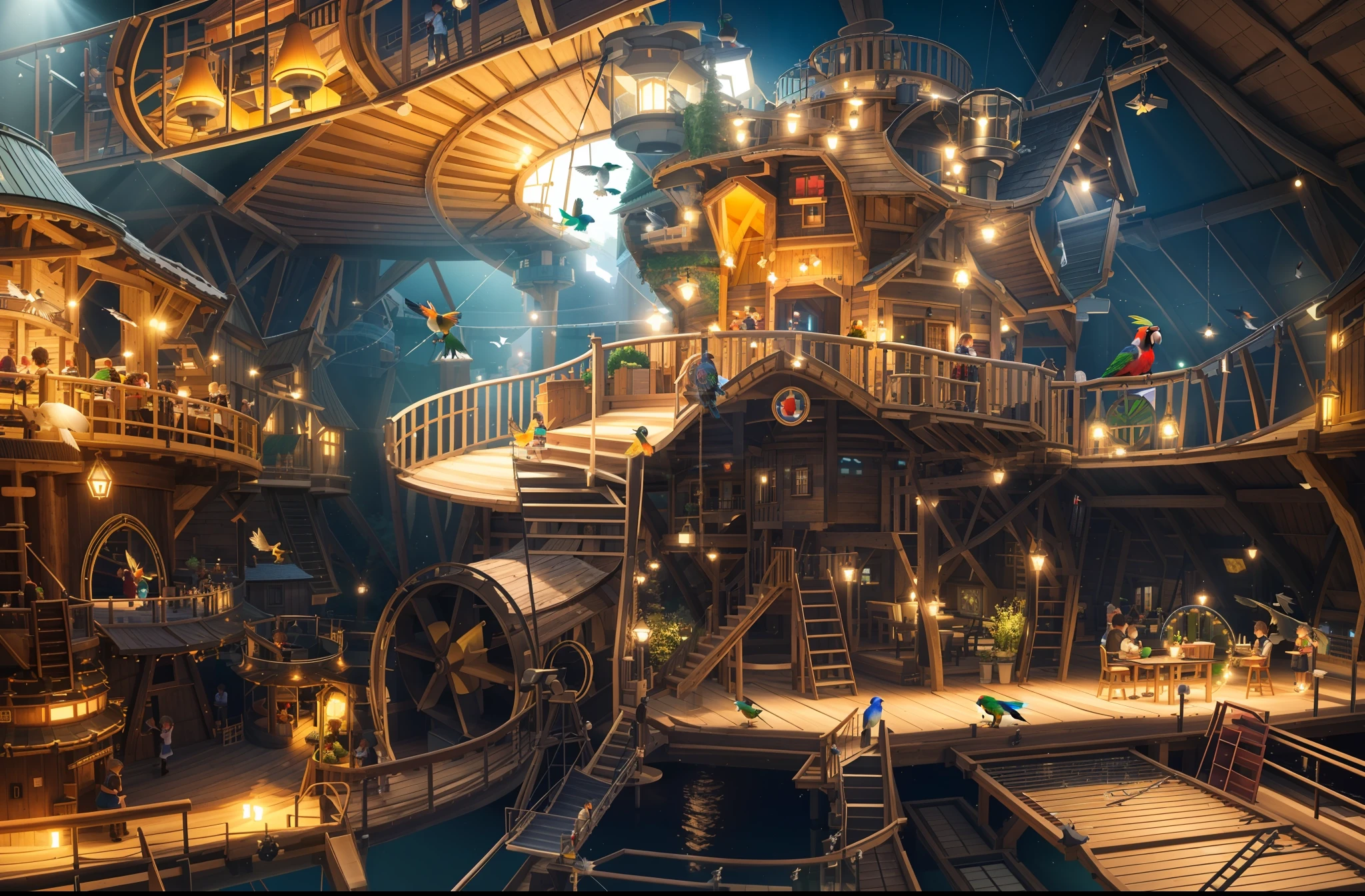 3D architectural rendering, vast, open barn transformed into an indoor playground, bustling with activity. Children and adults, charming wooden cabins, one of which is equipped with an adjacent rotating ((cylindrical slide)). A wooden suspension bridge, realistically rendered with detailed textures and shadows, leads to another cabin in the top right of the image, where a delightfully animated 3D model of a little girl is seen running across. On the left, a (water park) shimmers under the virtual lighting, its pool crowned by a whimsically designed fountain. The fountain, meticulously modelled in 3D, features a stack of bird sculptures - a large bird at the base, a parrot in the middle, and a toucan at the top, each spouting water from their beaks. In the foreground, 3D models of adults sit at small wooden tables, engaged in a meal, their position and interaction adding depth and perspective to the scene.
