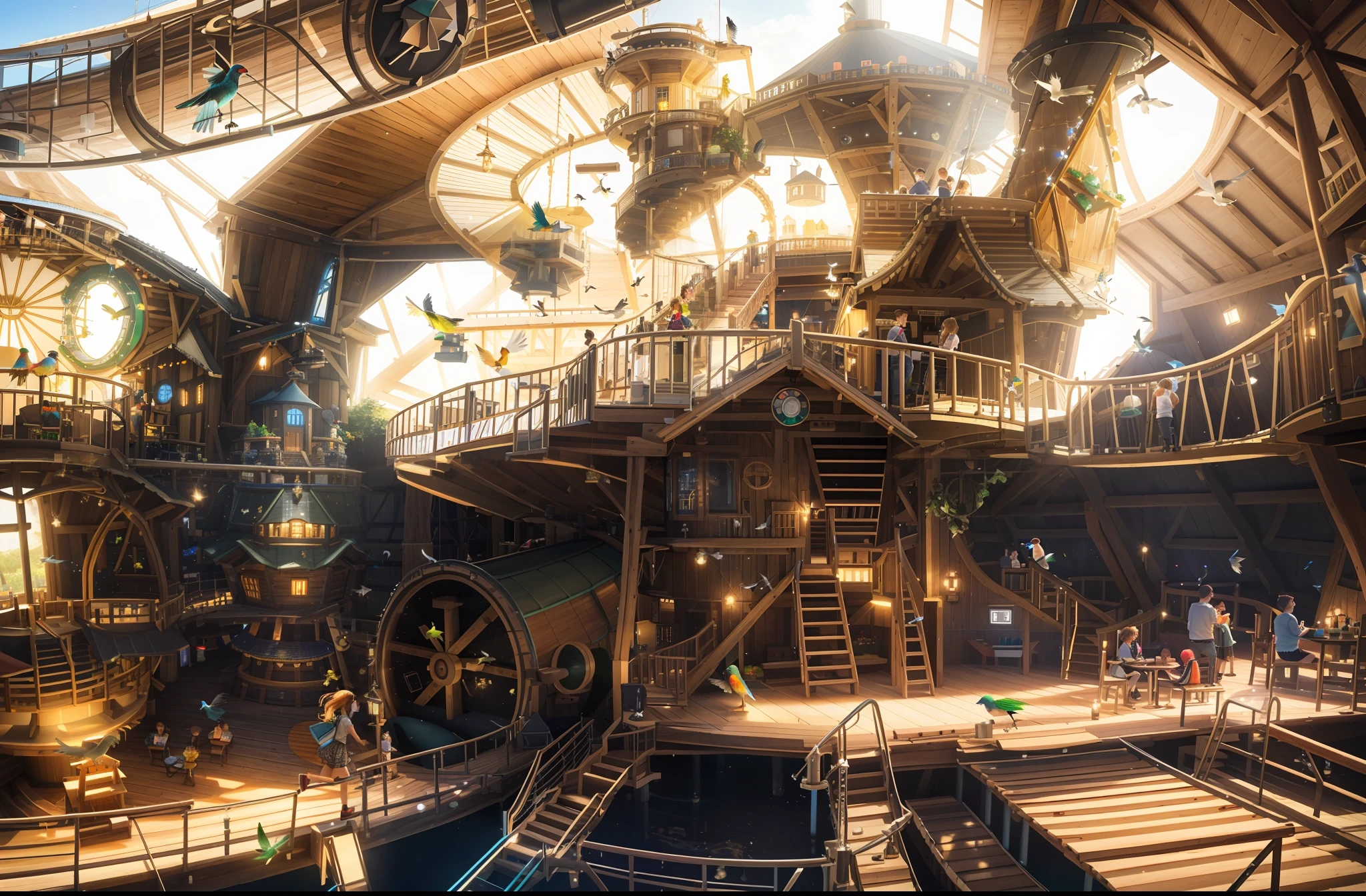 3D architectural rendering, vast, open barn transformed into an indoor playground, bustling with activity. Children and adults, charming wooden cabins, one of which is equipped with an adjacent rotating ((cylindrical slide)). A wooden suspension bridge, realistically rendered with detailed textures and shadows, leads to another cabin in the top right of the image, where a delightfully animated 3D model of a little girl is seen running across. On the left, a (water park) shimmers under the virtual lighting, its pool crowned by a whimsically designed fountain. The fountain, meticulously modelled in 3D, features a stack of bird sculptures - a large bird at the base, a parrot in the middle, and a toucan at the top, each spouting water from their beaks. In the foreground, 3D models of adults sit at small wooden tables, engaged in a meal, their position and interaction adding depth and perspective to the scene.