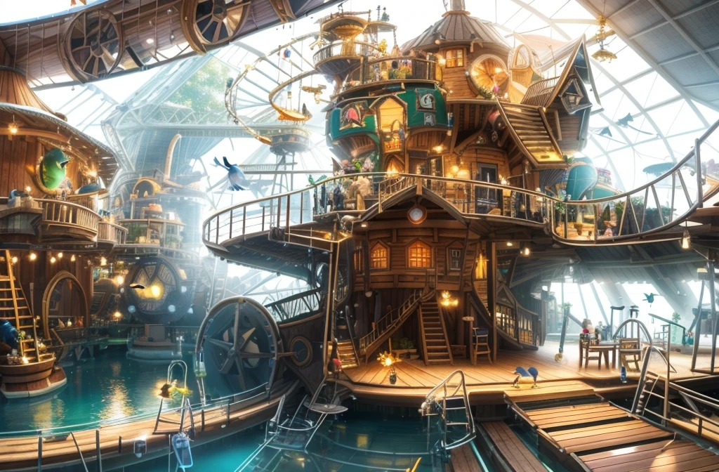 3D architectural rendering, vast, open barn transformed into an indoor playground, bustling with activity. Children and adults, charming wooden cabins, one of which is equipped with an adjacent rotating ((cylindrical slide)). A wooden suspension bridge, realistically rendered with detailed textures and shadows, leads to another cabin in the top right of the image, where a delightfully animated 3D model of a *********** is seen running across. On the left, a (water park) shimmers under the virtual lighting, its pool crowned by a whimsically designed fountain. The fountain, meticulously modelled in 3D, features a stack of bird sculptures - a large bird at the base, a parrot in the middle, and a toucan at the top, each spouting water from their beaks. In the foreground, 3D models of adults sit at small wooden tables, engaged in a meal, their position and interaction adding depth and perspective to the scene.