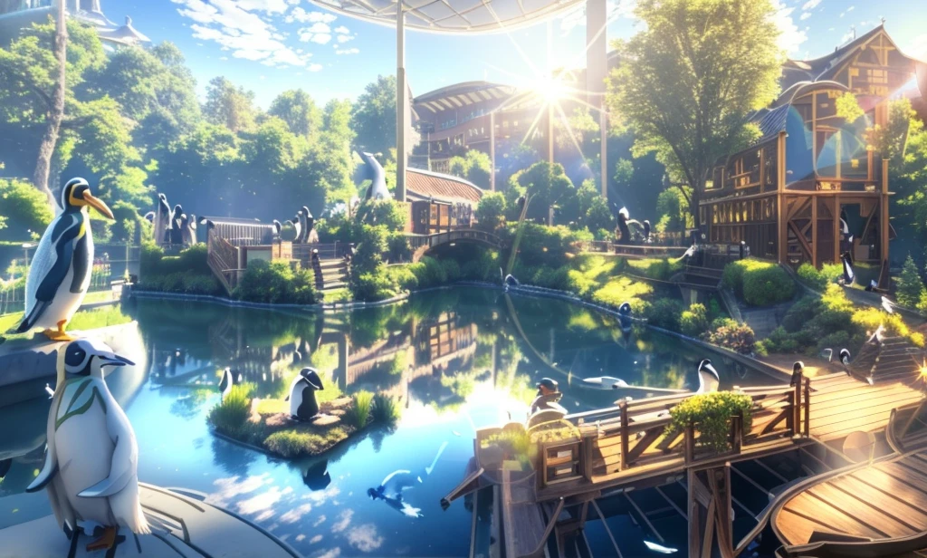 HDR, DSLR, 16k resolution, Architectural rendering, an outdoor zoo, a sunny afternoon. a serene lake, its surface gently rippled, reflecting the clear blue sky and the greenery around, penguines swimming in lake, A wooden bridge arches over the lake, families leisurely stroll across it, fish swimming underneath.To the left, two penguins standing, To the right, a ((wooden boat))(wooden ship)is docked, accessible via the bridge. Children can be seen frolicking on the boat.In the foreground, a group of three adults are engrossed in taking photographs, their poses and expressions meticulously modeled to enhance the lifelike feel of the scene. The lake is a lively spectacle of aquatic life, with fish, ducks, and other waterfowl animated in the scene, enhancing its natural ambiance.In the distant background, a glass-domed building stands imposingly, its glinting facade reflecting the afternoon sun. The building, rendered with glass and metal textures, contrasts sharply with the natural elements of the scene, providing a stunning visual balance in this (((3D architectural rendering)))