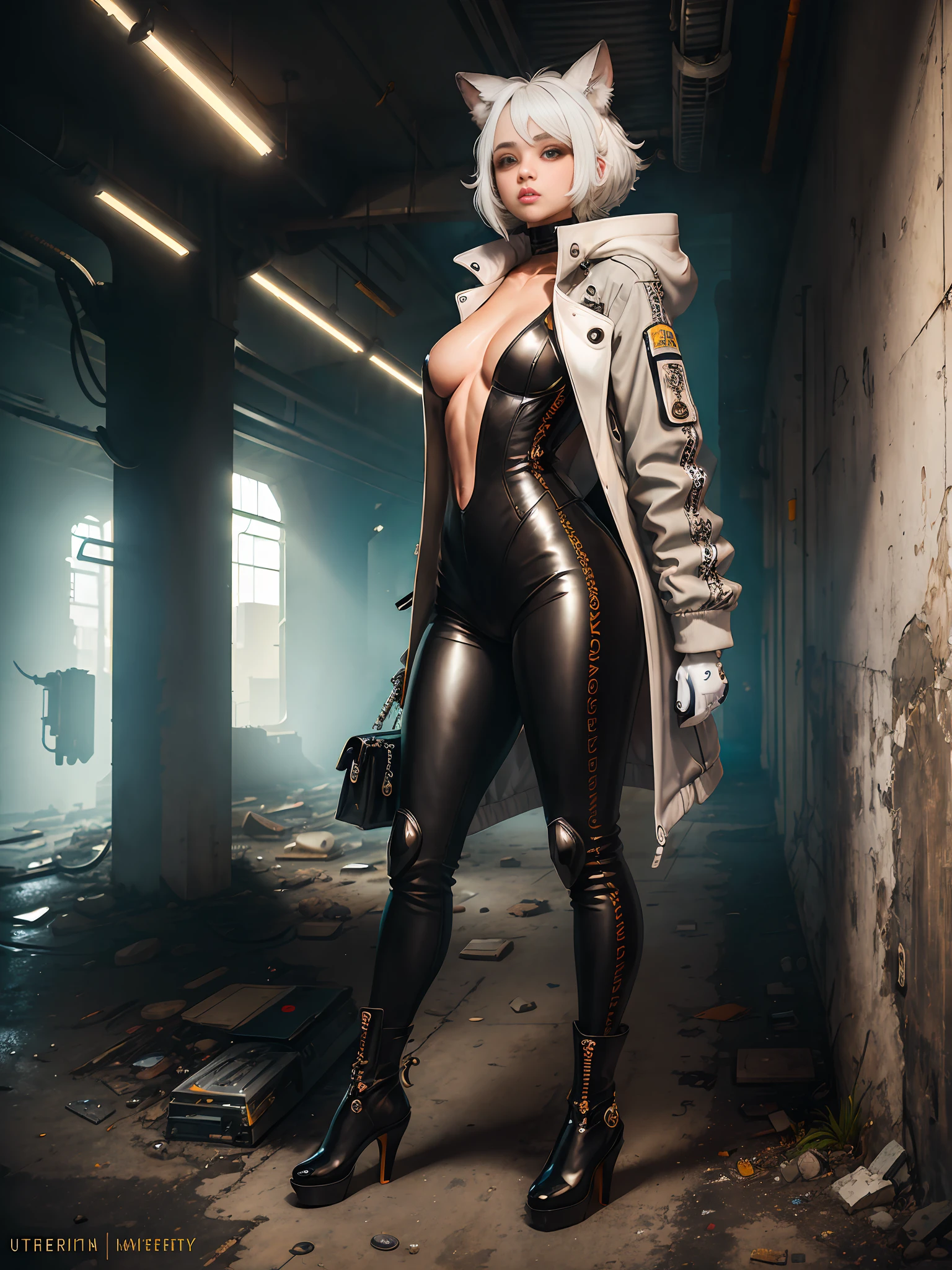 Masterpiece,((ultradadetailed)),((Animal anthropomorphism)),gang theme,white hair,a girl,cute,underworld (pistol:1.1),coat,black pants,handsome windbreaker,high-heeled boots,(abandoned factory), cement gray, brickhighest quality, solo focus, (skippy:1.04), curvaceous woman, full body, complex (high detail:1.1) unrealengine