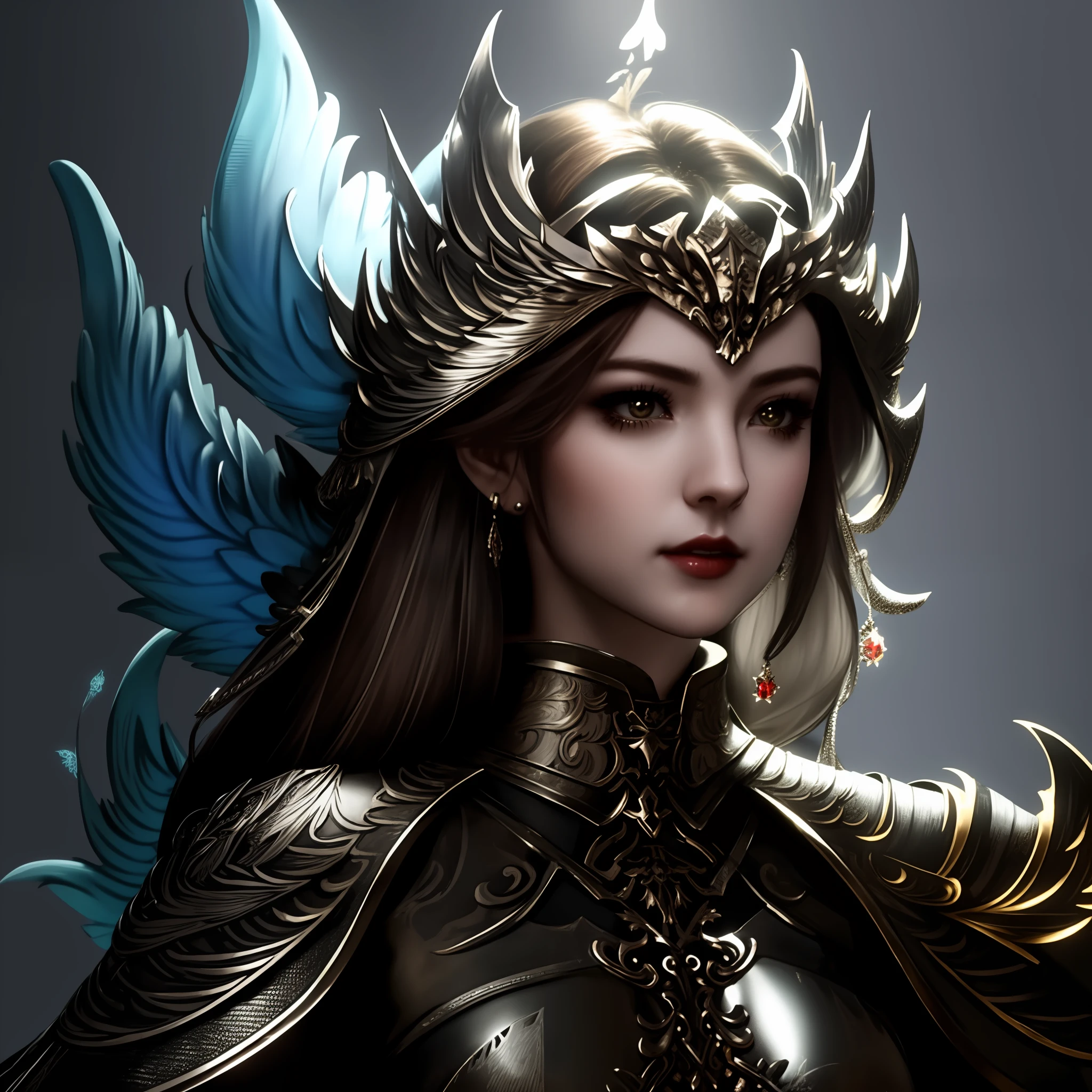 Beautiful woman's face expression, idol star face, dark, cinematic lighting, long distance blur effect, full of detailed dense patterns on the armor, delicate phoenix pattern, phoenix shape on the shoulder, silver iron armor in the middle expression, Silver metal is placed in the middle of the point, there is dense detailed decoration on the entire armor, splendid feeling, decoration in a unified direction,