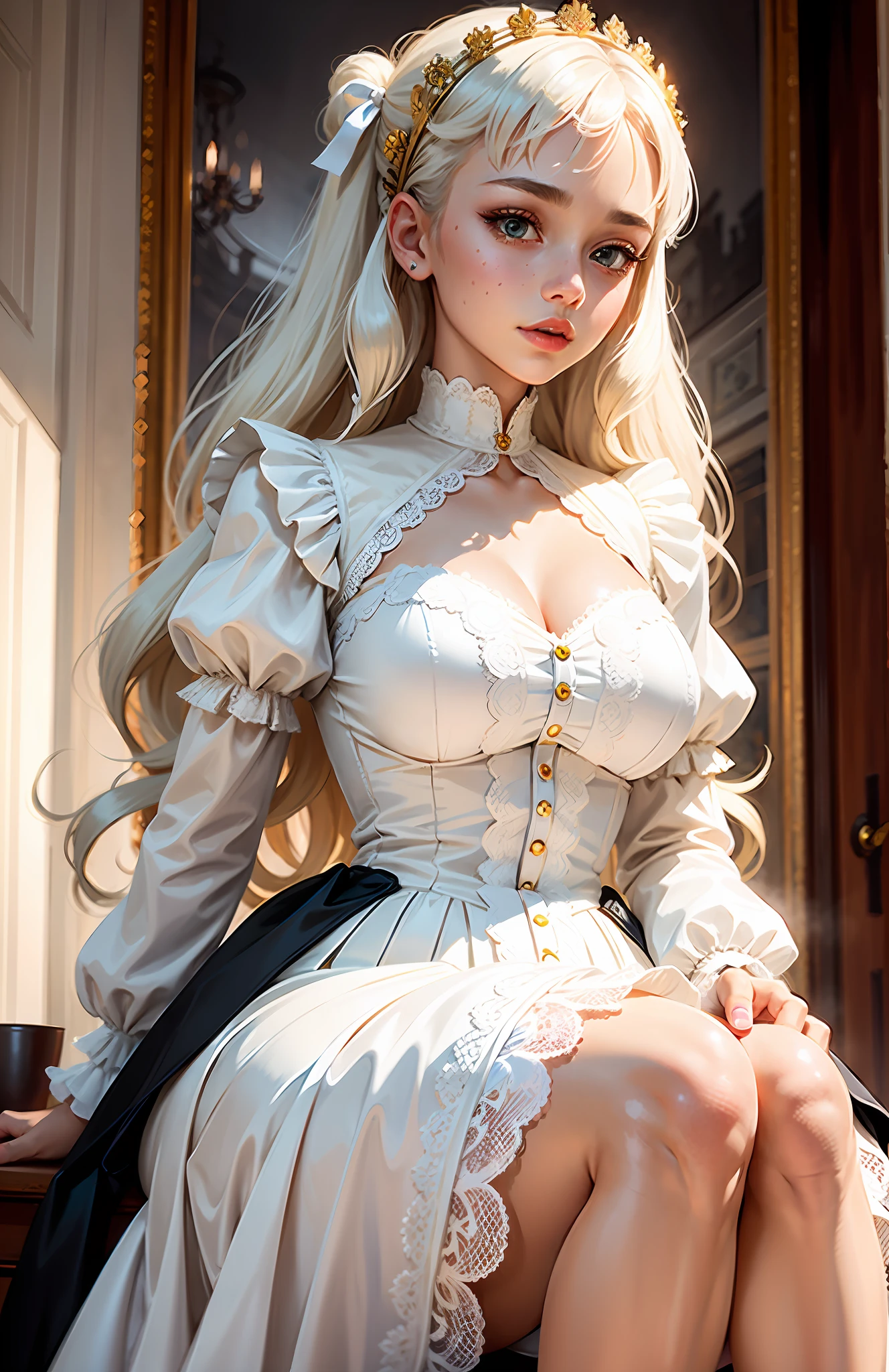 Woman with golden eyes, platinum hair girl, pearl brooch in hair, Beautiful woman, White Victorian dress with white ties, Details with white frills on the dress,Light Summer Victorian Dress, lace collar with a Sky Blue ribbon on the neck , 18 year old girl, mixed race European girl with Korean and Greek features,((best quality)), ((masterpiece)), (high-resolution:1.2), Long hair, side bangs, pearl hair clip, trendy hairstyle,
