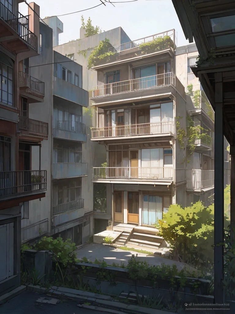A neighborhood in ruins in late autumn,there is a car parked in front of a building with a balcony, maison laffite, outside view, an art nouveau, seen from outside, exterior, habitat 67, exterior shot, inspired by Rudolf von Alt, by Albert Paris Gütersloh, by Louis Schanker, modernism, exterior view