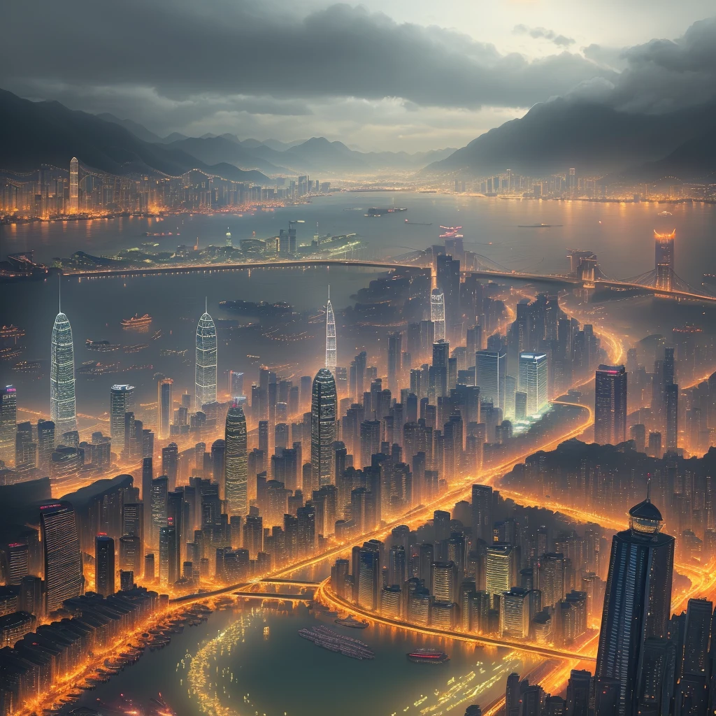 Close up of a painting of a city with a river, a detailed matte painting inspired by Welch, CG social trends, digital art, Kowloon stills, Kowloon city wall style, city like Hong Kong, Wuhan city map, expansive detailed layered city , Exquisite 3D maps, complex realistic paintings, aerial views of the city.