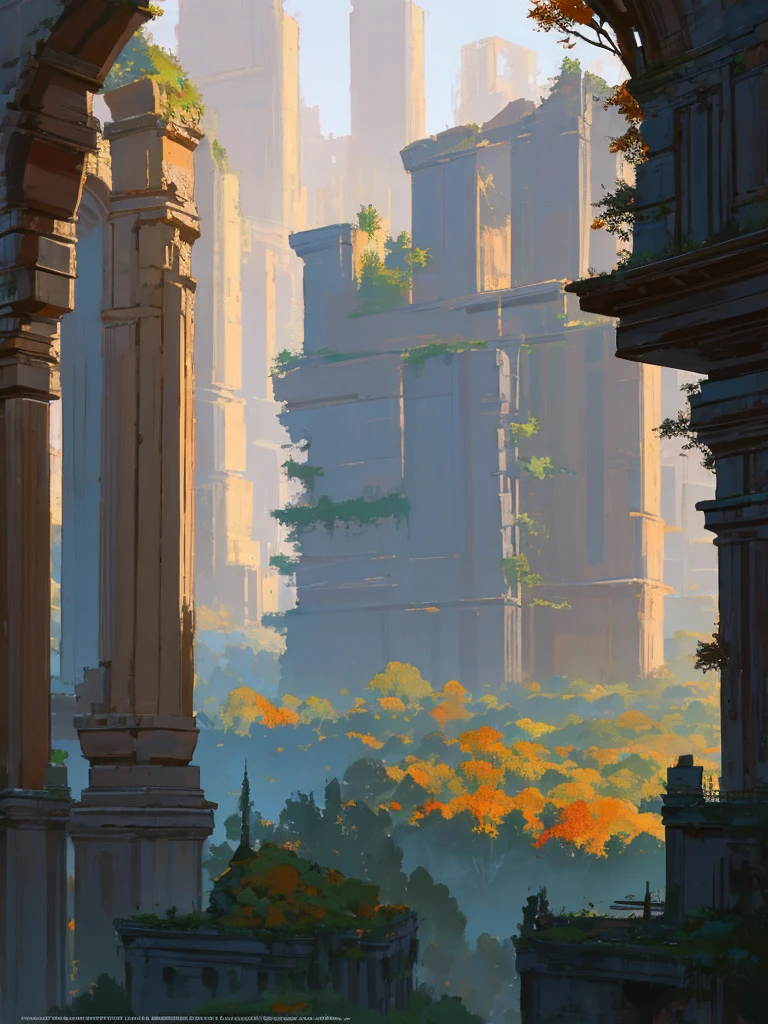 , late autumn ruins, high quality, highly detailed, illustration, impasto, canvas, oil painting, fantasy,