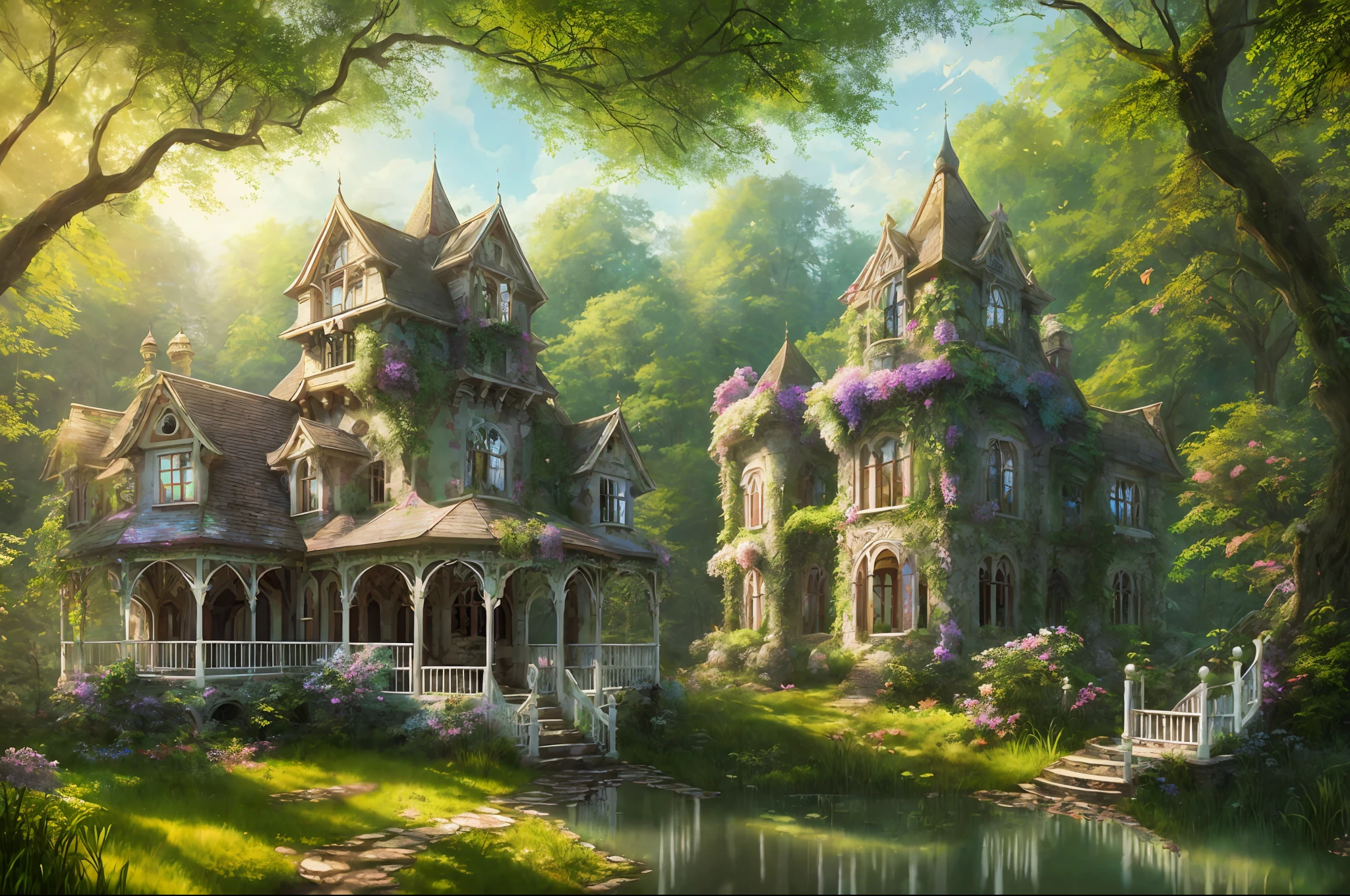 Old style painting, abandoned overgrown castle mansion in the forest, oversaturated, princess tower, gazebo, balcony, colorful, very detailed, high resolution, ray traced reflections, dramatic lighting, 8k vibrant colors, detailed Acrylic, Intricate, Soft Natural Volumetric Film Perfect Light, Oil Painting