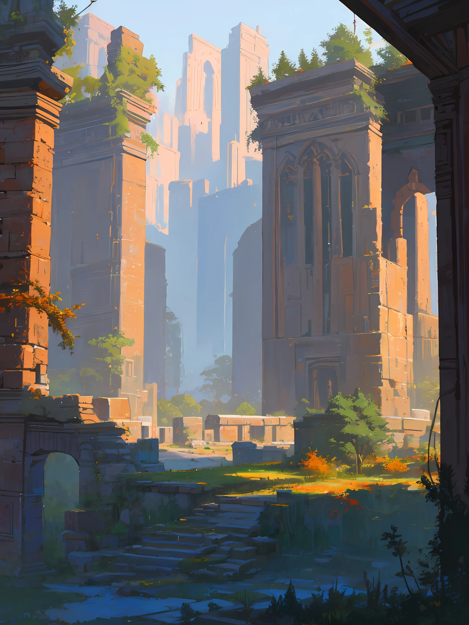 , late autumn ruins, high quality, highly detailed, illustration, impasto, canvas, oil painting, fantasy,