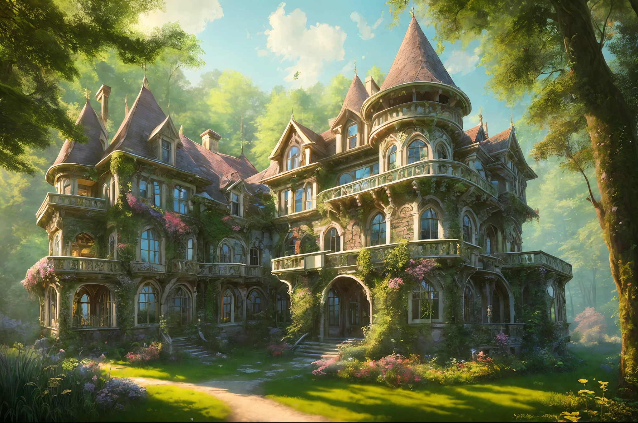 Old style painting, abandoned overgrown castle mansion in the forest, oversaturated, princess tower, gazebo, balcony, colorful, very detailed, high resolution, ray traced reflections, dramatic lighting, 8k vibrant colors, detailed Acrylic, Intricate, Soft Natural Volumetric Film Perfect Light, Oil Painting