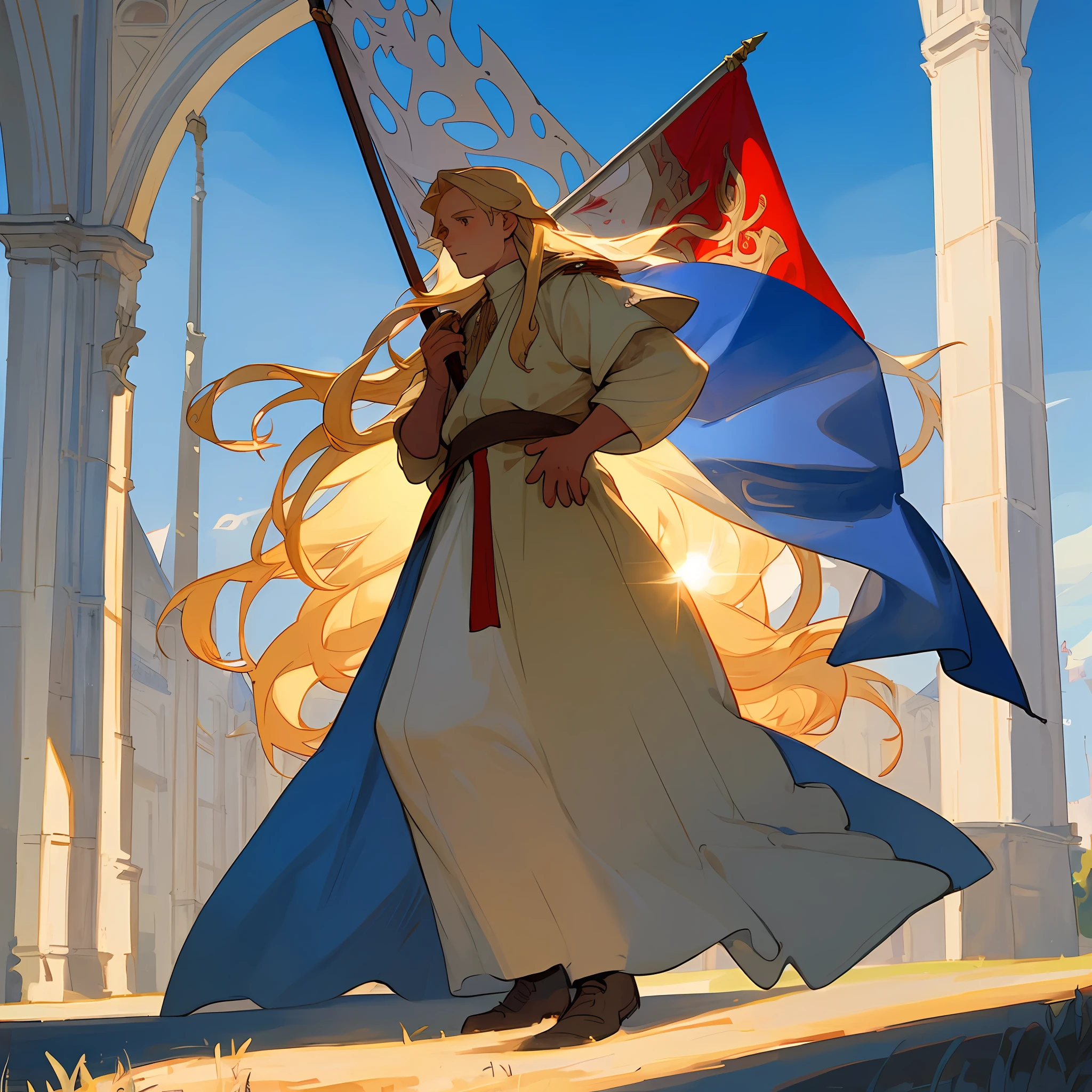 Mucha, boy with blond long hair, outdoors, backlight, medieval, France, holding a flag, full body, front, head up, red, blue, white
