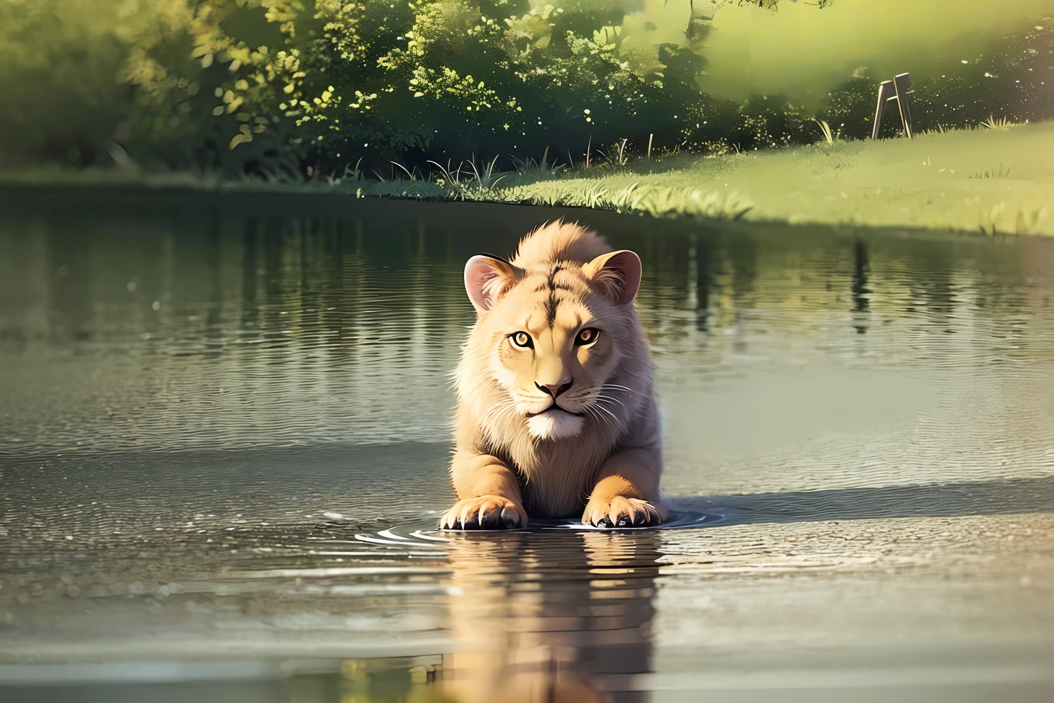 a baby lion, runs through the puddle, is reflected in the puddle, photography --v 6