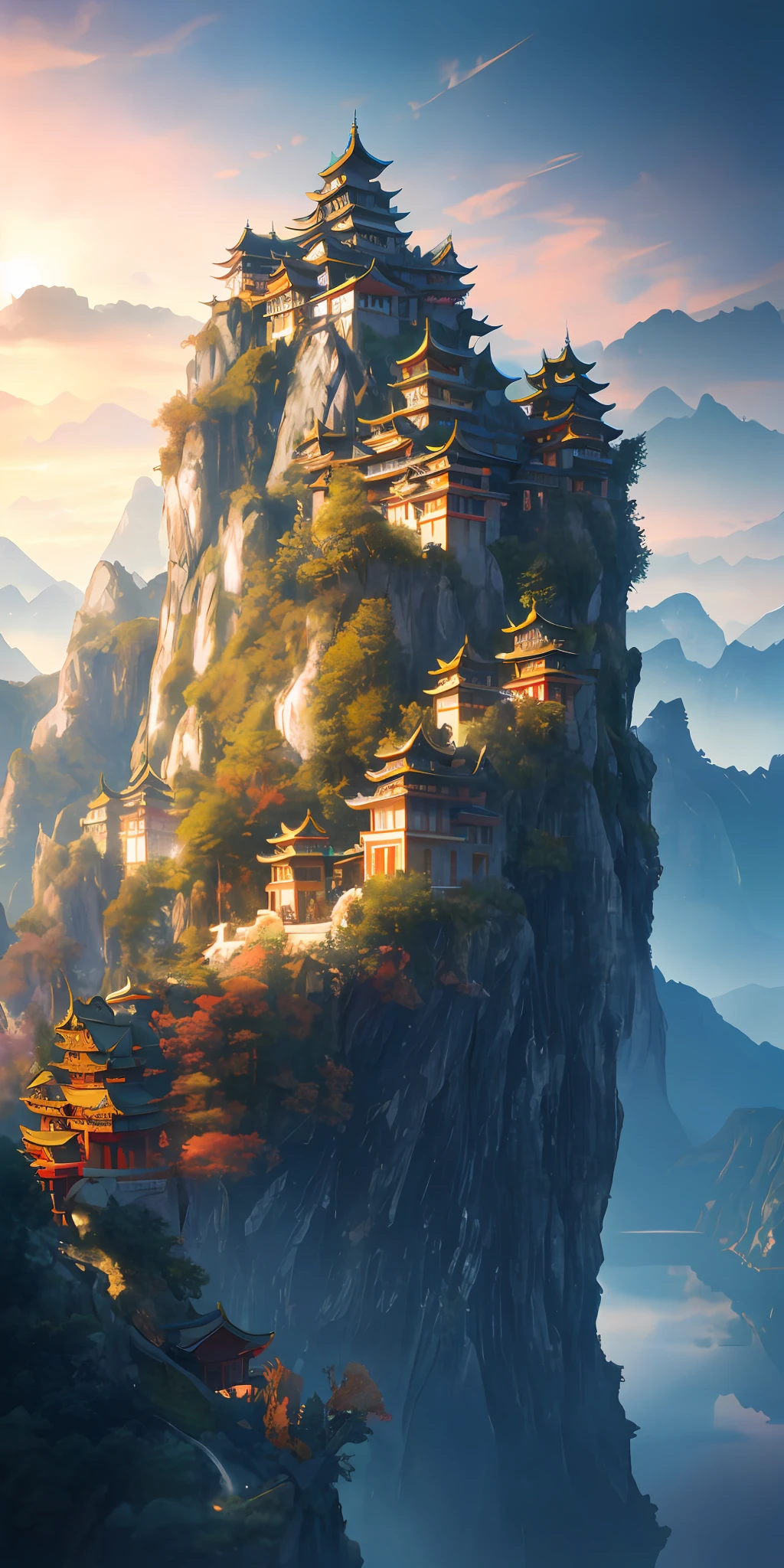 Masterpiece, best quality, high quality, extremely detailed CG unity 8k wallpaper, outdoor, sky, clouds, night, no humans, mountain, chinese style palace sits on the hillside, moonlight, cinemagraph, landscape, water, trees, dark sky, waterfall, cliff, nature, lake, river, cloudy sky, award winning photography, bokeh, depth of field, hdr, bloom, chromatic aberration, photorealistic, highly detailed, trending on artstation, trending on CGsociety, intricate, high detail, dramatic, halfway art