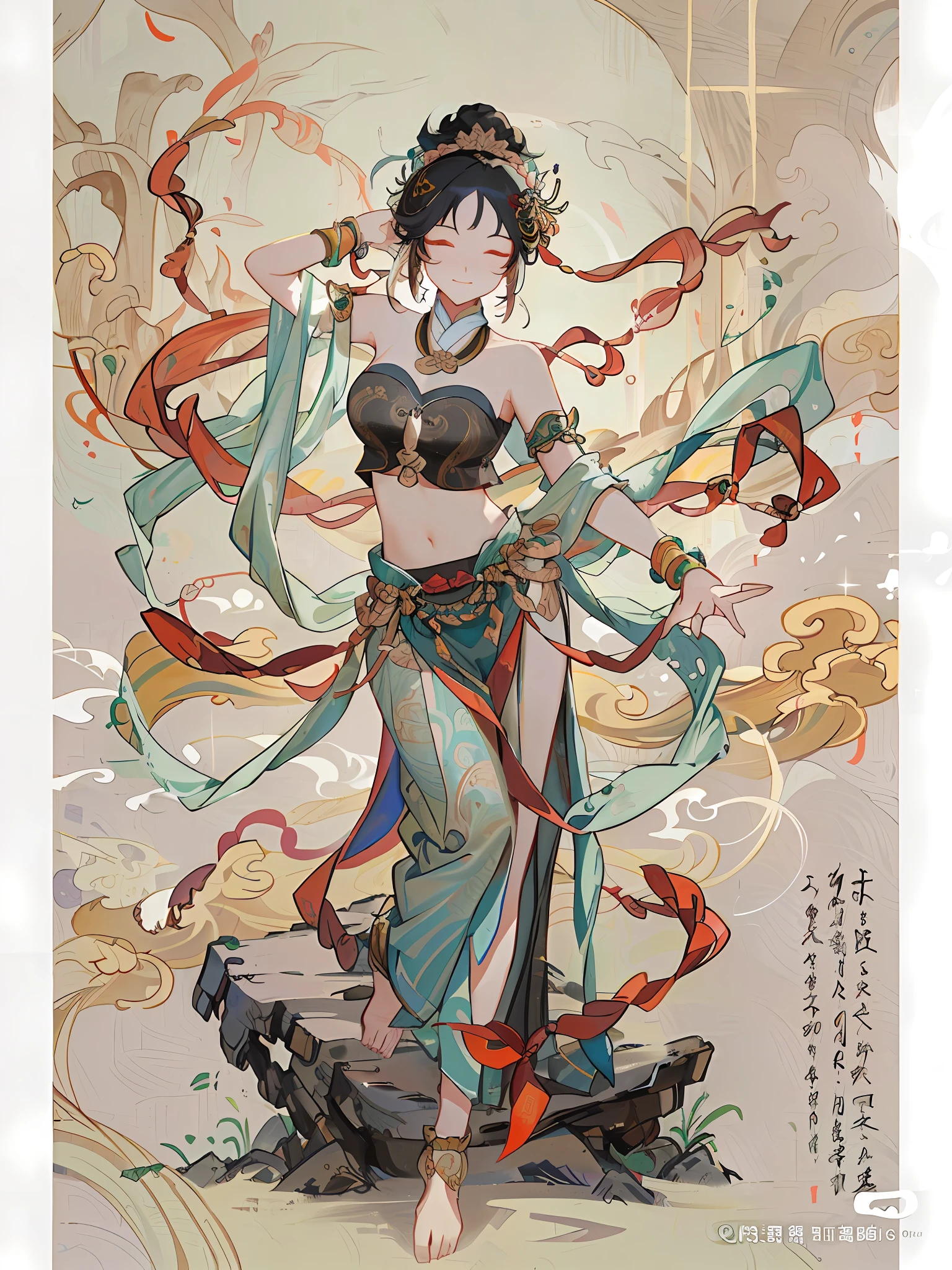 An ancient Chinese Dunhuang dancer, Luo Shenfu Bodhisattva, Dunhuang murals, holding pipa dancing, Dunhuang Feixian mural inspired, traditional Chinese painting Western painting art, watercolor, ink, inspired by the beautiful fantasy queen Lanying, popular on cgstation, inspired by Qu Leilai, Alfonse · Muxia and sketch, ancient Chinese goddess, beautiful figure painting, Inspired by Qiu Ying, inspired by Li Song, inspired by Wu Bin, inspired by Ai Xuan -v 6