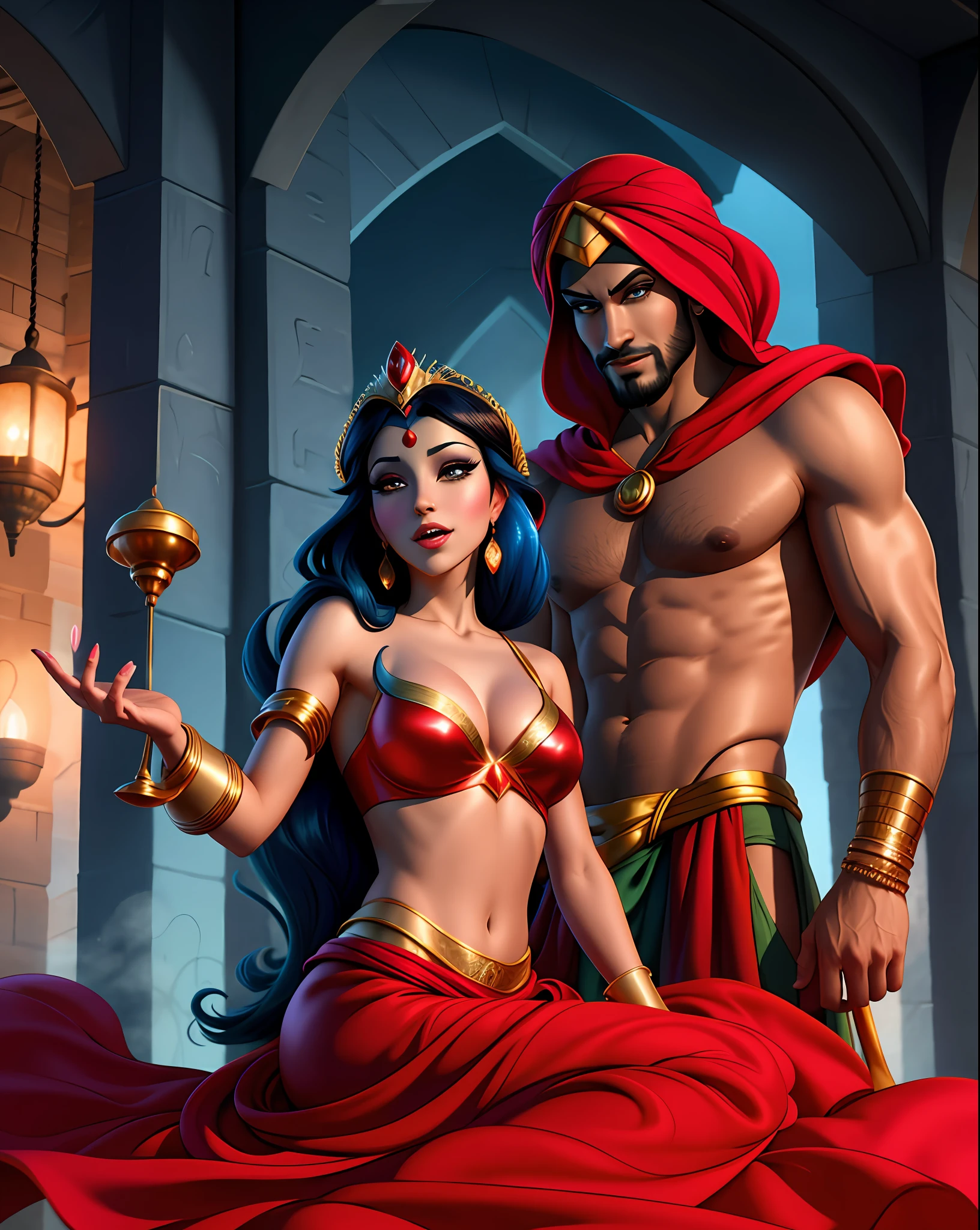 Couple, drama, man and woman, Handsome attractive Jafar from Aladdin in the style of a fantasy movie and Princess Jasmine, medium shot, art by Magali Villeneuve, arhiee, Amazing, finely detail, masterpiece, official art, extremely detailed CG unity 8k wallpaper, absurdres, incredibly absurdres, ultra-detailed, highres
