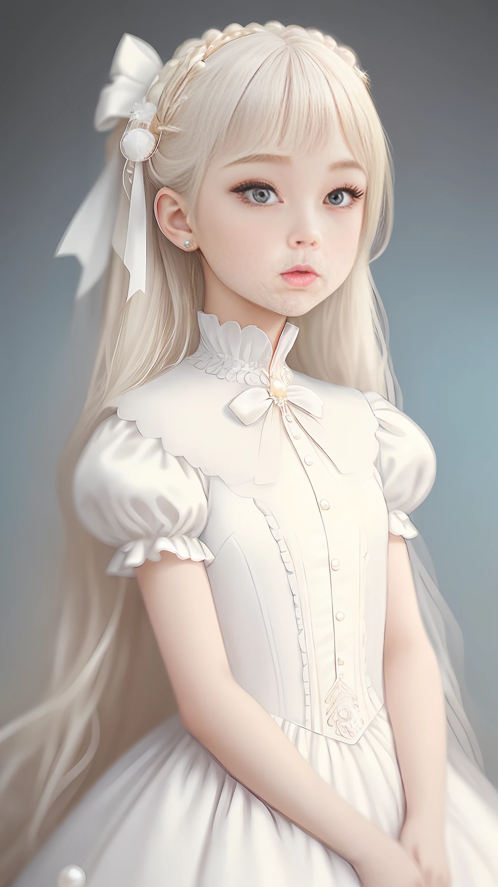 Woman with golden eyes, platinum hair girl, pearl brooch in hair, Beautiful woman, White Victorian dress with white ties, Details with white frills on the dress,Light Summer Victorian Dress, lace collar with a Sky Blue ribbon on the neck , 18 year old girl, mixed race European girl with Korean and Greek features,((best quality)), ((masterpiece)), (high-resolution:1.2), Long hair, side bangs, pearl hair clip, trendy hairstyle,