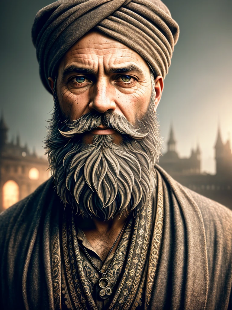 a portrait photo Old man, beard, turban, Merlin, dirty, masterpiece, (beautiful detailed eyes:1.1), best quality, big mustache, illustration, (detailed lighting:1.4), (beautiful detailed glow:1.3), king, turban, intricate, digital painting, smooth, sharp focus, end of the world, epic realistic, (hdr:1.4), (muted colors:1.4), apocalypse, abandoned, neutral colors, night, screen space refractions, (intricate details), (intricate details, hyperdetailed:1.2), artstation, cinematic shot, vignette, complex background, building