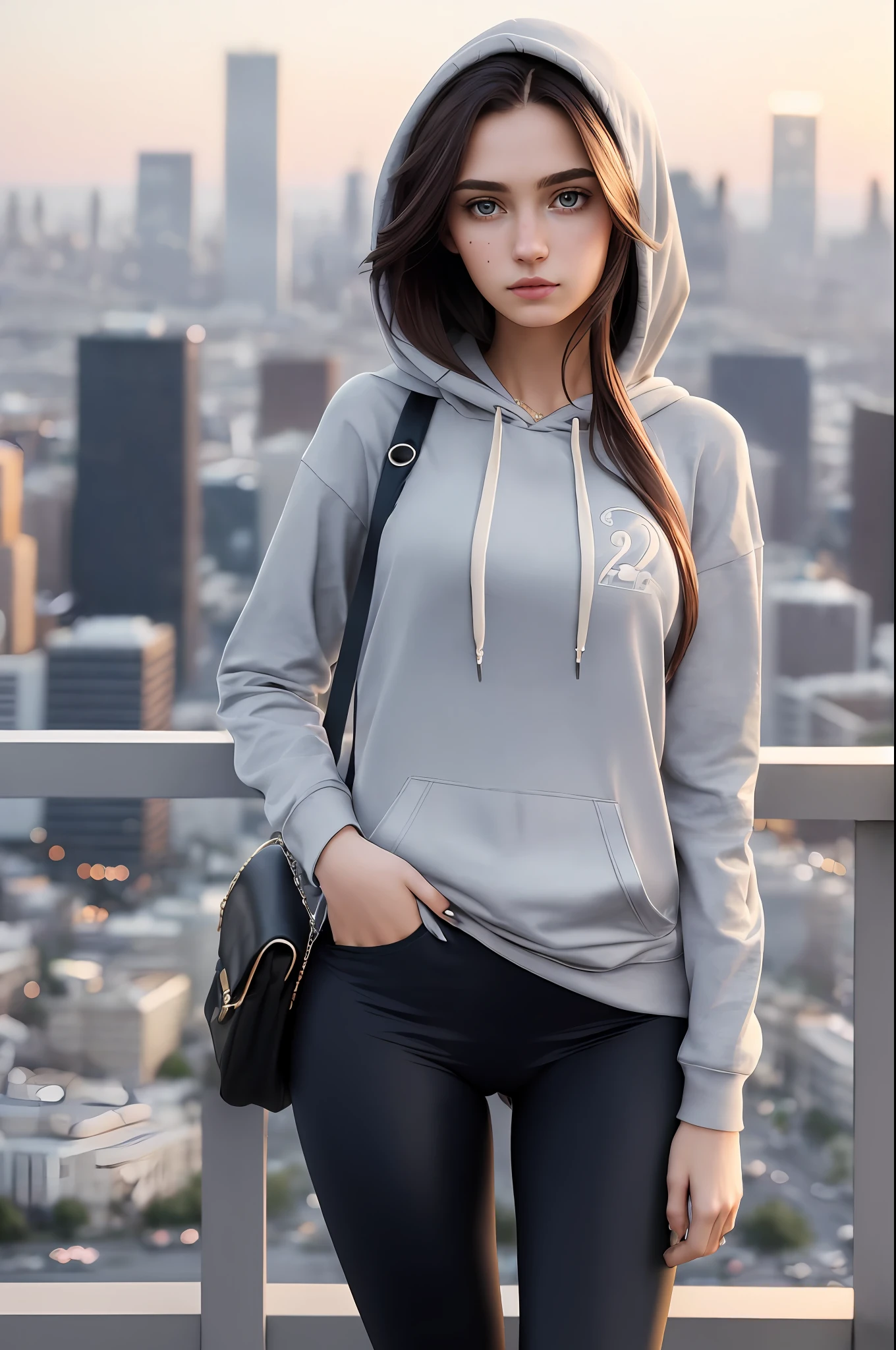 Photo of beautiful 22 years old woman wearing casual shirt, hoodie, diamond chain bag and leggings at sunrise standing in front of city skyline, messy medium hair, slim build, medium upper body shot, looking camera, short smile, shallow depth of field, 8k uhd, dslr, soft light, high quality, photorealism, photorealism, hyperrealism, art photography