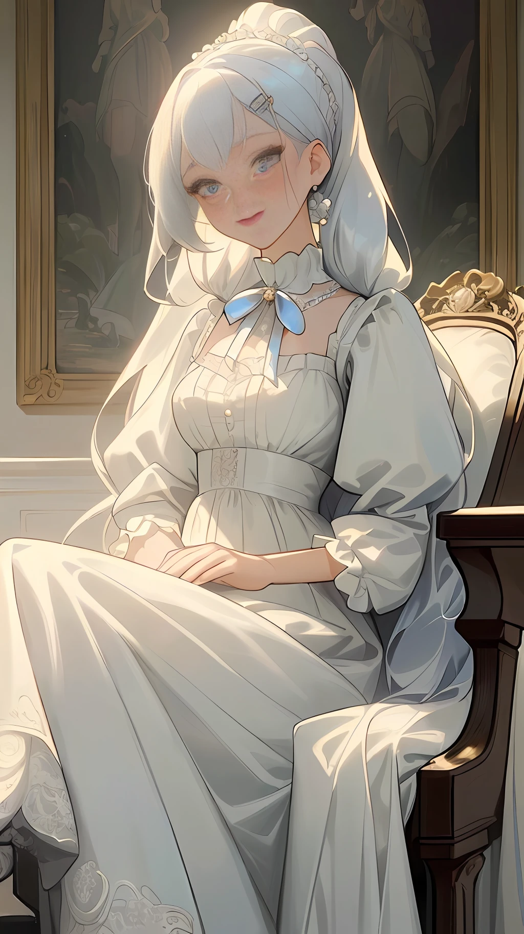 Woman with platinum hair, pearl brooch in hair, (((Beautiful woman))), White Victorian dress with white ties, Details with white frills on the dress, Light Summer Victorian Dress, lace collar with a Sky Blue ribbon on the neck , (((26 year old)), mixed race European girl with Korean and Greek features,((best quality)), ((masterpiece)), (high-resolution:1.2), Long hair, pearl hair clip, loose hairstyles, novel villain, In a European palace decorated with lilies and a piano in the background