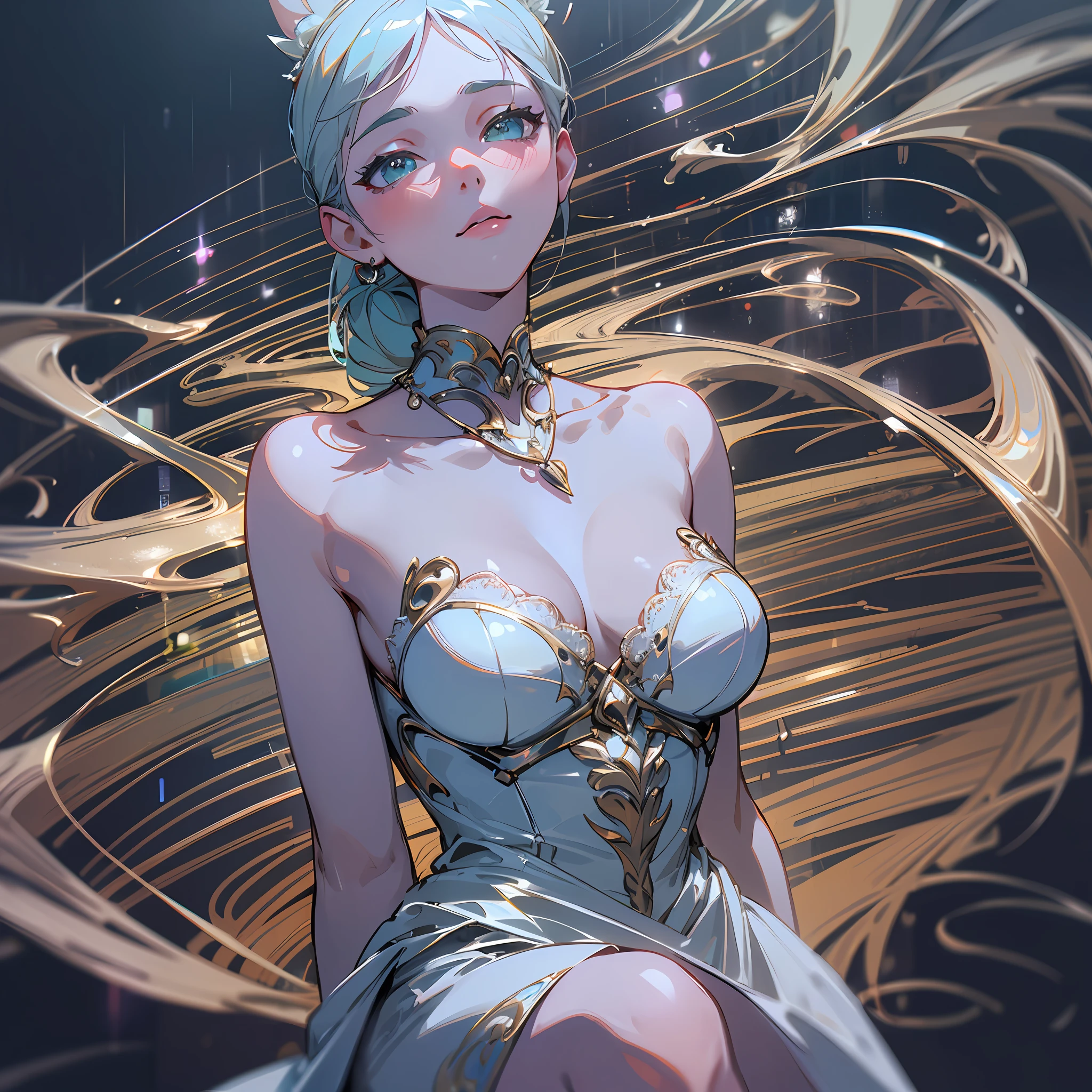 Casual pose, (extremely delicate and beautiful work), (masterpiece), 1girl, girl in white dress, high details, leaky waist, twisted ponytail, charming expression, clear and beautiful eyes, green pupils, delicate necklace, delicate ears Decoration, fairy ears, simple blurred background, extremely detailed description, beautiful and charming, super fine painting, exquisite face, exquisite figure, exquisite clavicle, cute lips, beautiful breasts, soft back, mix4, (8k, RAW photo, best quality , masterpiece:1.2), (fidelity, fidelity:1.37),1girl,cute,cityscape, night, rain, wet, professional lighting, photon mapping, radiosity, physically-based rendering,--q 2 --v 6
