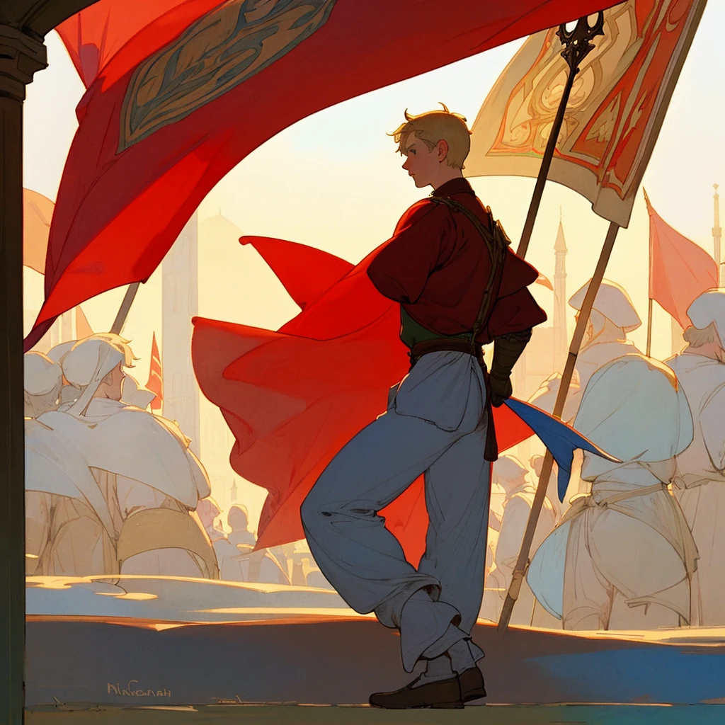 Mucha, front view, full body, boy with short blond hair, outdoors, backlight, medieval, France, holding red flag, red, blue, white, trousers