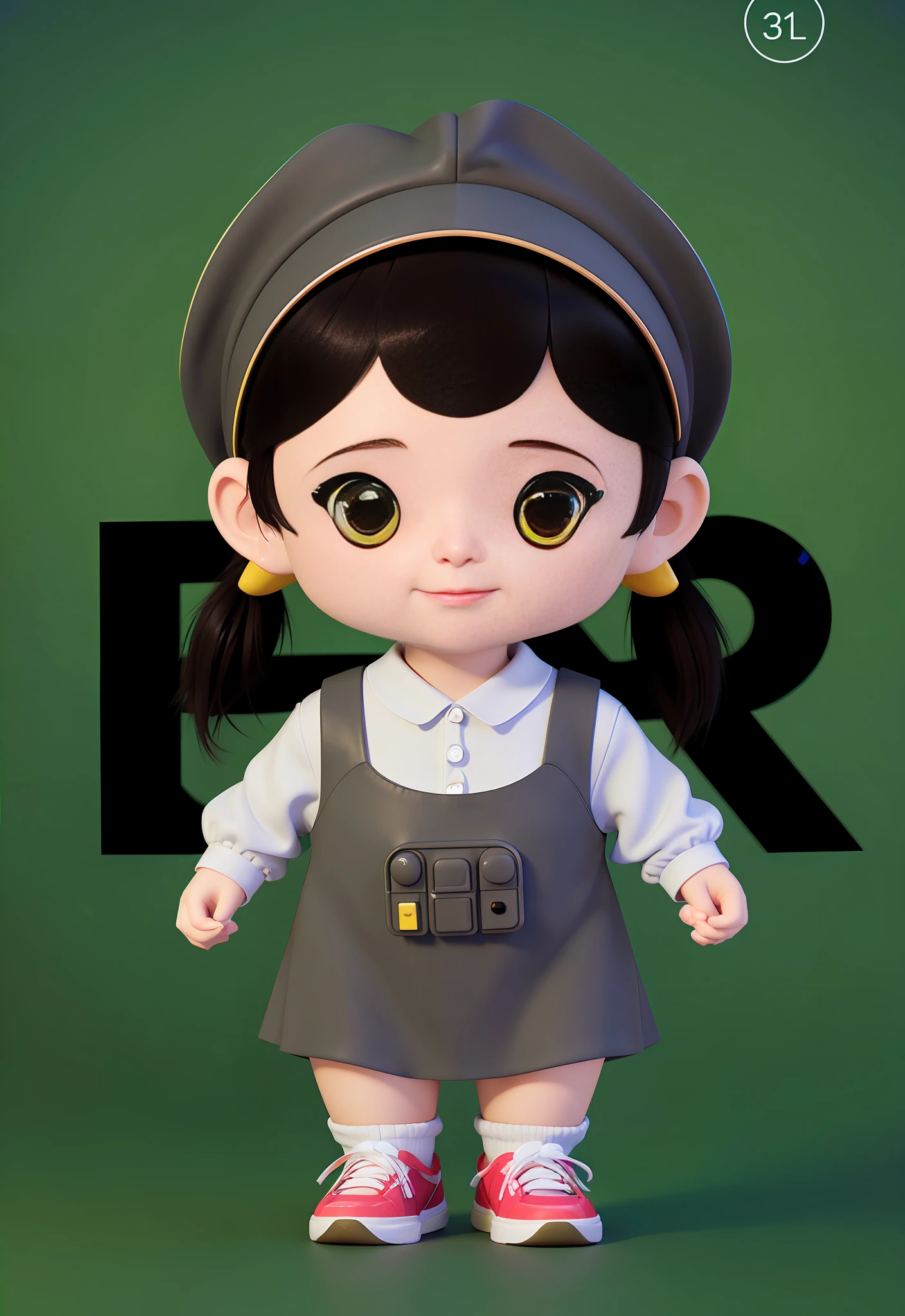 High-grade natural color matching Bright and harmonious Bright and cute 3D animation character design Ray-tracing costume IP character dreamy eyes Long eyelashes sneakers Gray double ponytail