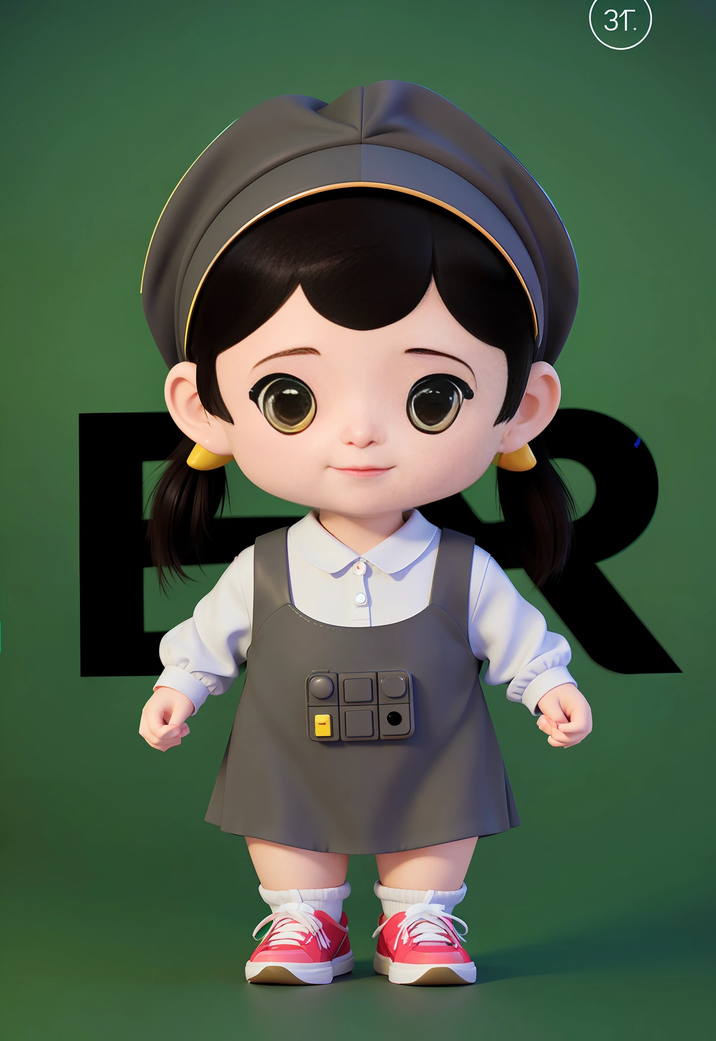 High-grade natural color matching Bright and harmonious Bright and cute 3D animation character design Ray-tracing costume IP character dreamy eyes Long eyelashes sneakers Gray double ponytail