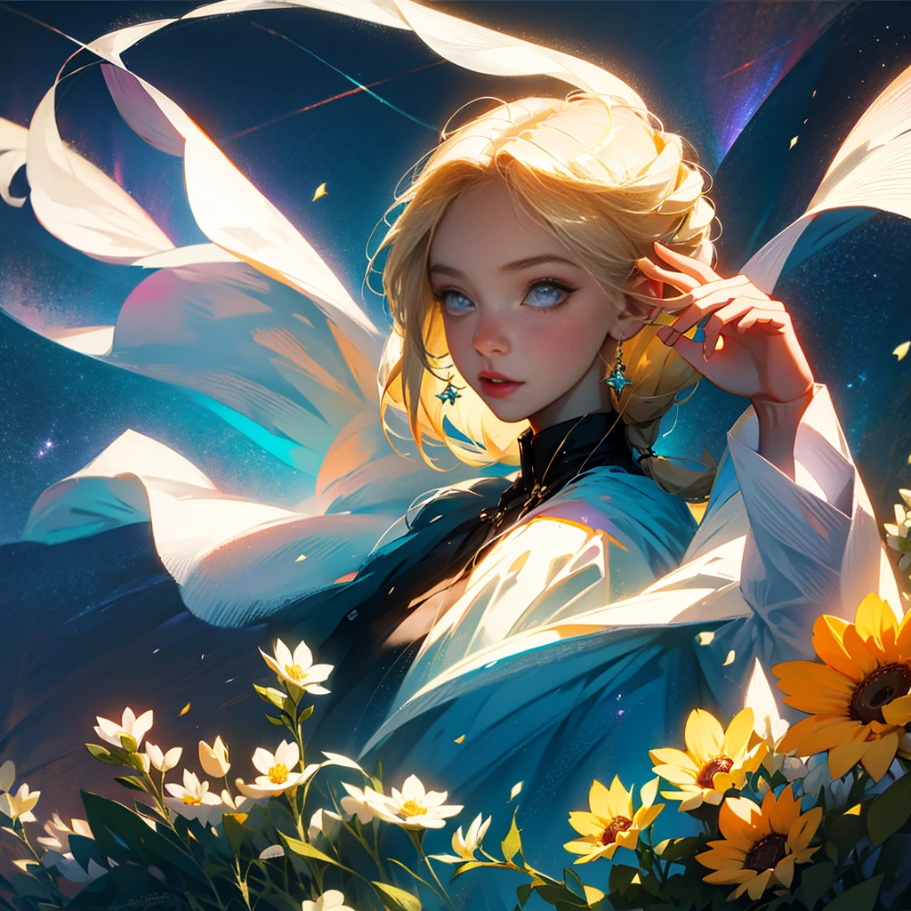 (best quality, masterpiece), 1girl, pose, particle, wind, flower, upper body, simple background, looking at viewer, blonde, galaxy,