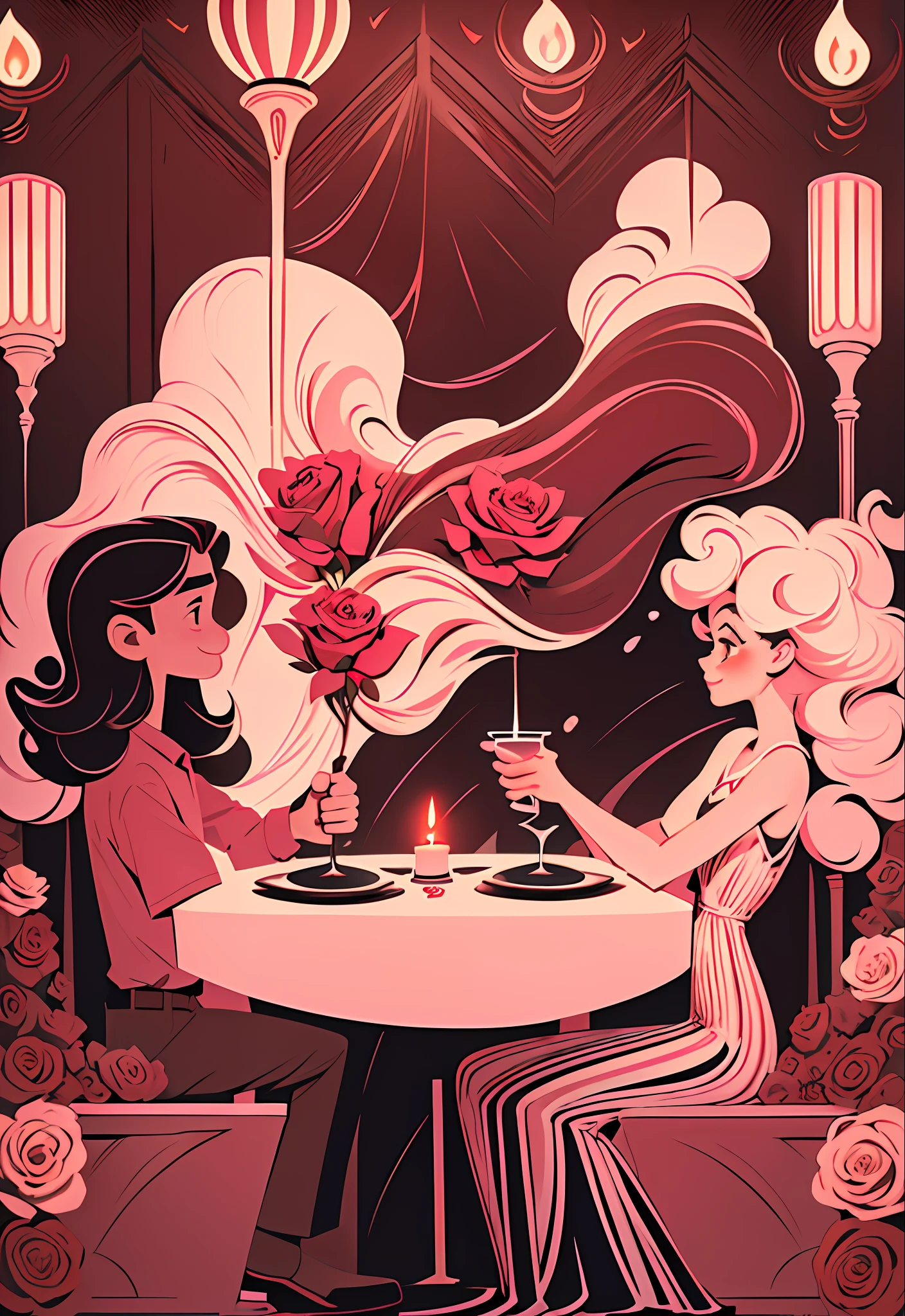 (romantic poster: 1.5), graphic illustration, ((1boy+1girl)), (big wavy hair) (beautiful and big eyes), beautiful clothes, candle dinner, roses, phonograph, (steak: 1.2), [(romantic Restaurant: 1.3)|(pink: 1.2)], interesting atmosphere, strong contrast between light and dark, high details, bright and clean painting style. --v 6