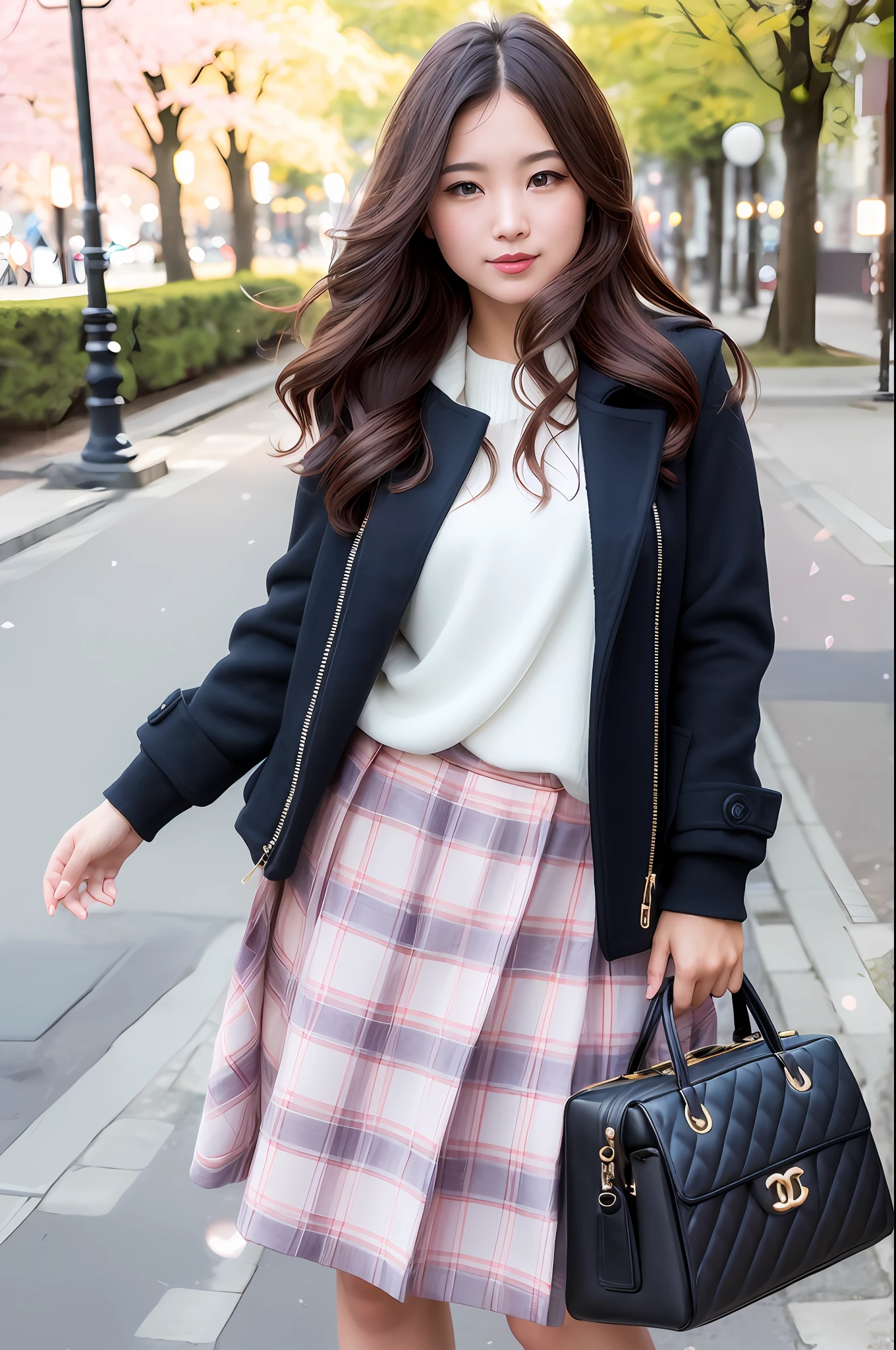 1girl, Coat, Hood, Chanel Bag, Jacket, ((Double Coat)), Lips, Lipstick, Plaid, Plaid Skirt, Realistic, Bag, Skirt, Solo, Standing, Best Quality, Realistic, Masterpiece, 8k , high resolution, solo, (((female) )), (mid chest), ((looking at viewer)), (looking at camera), (short hair), (professional lighting, bokeh), top angle view , extremely detailed face, trendy atmosphere, Japan, street, park, river, cherry blossoms, ((day)), (portrait: 0.6), charming smile, gorgeous, flowing hair, (light particles, lens flare, Luminous particles: 0.6), (dynamic pose: 1.2), soft lighting, brown hair, full body, narrow face, smile,